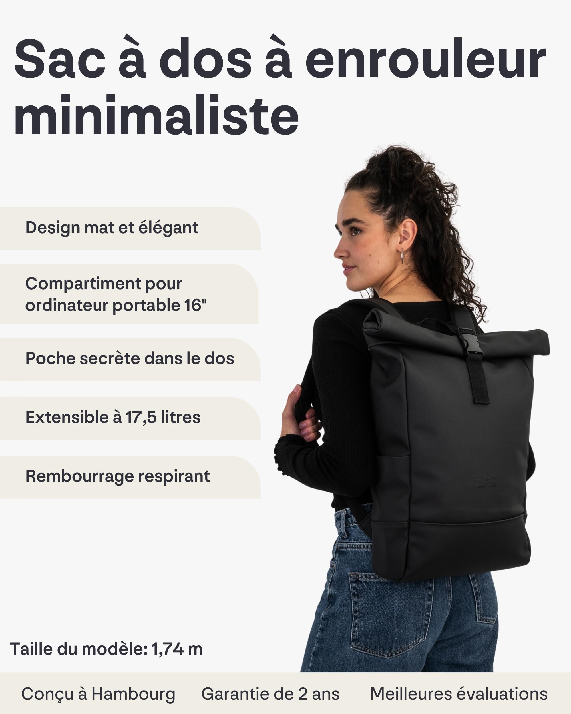Johnny Urban Sac à Dos Femme & Homme - Harvey Medium - Backpack Roll Top pour Ordinateur Portable pour Voyage Travail, Loisir - Compartiment de 16 Pouces - Hydrofogue
