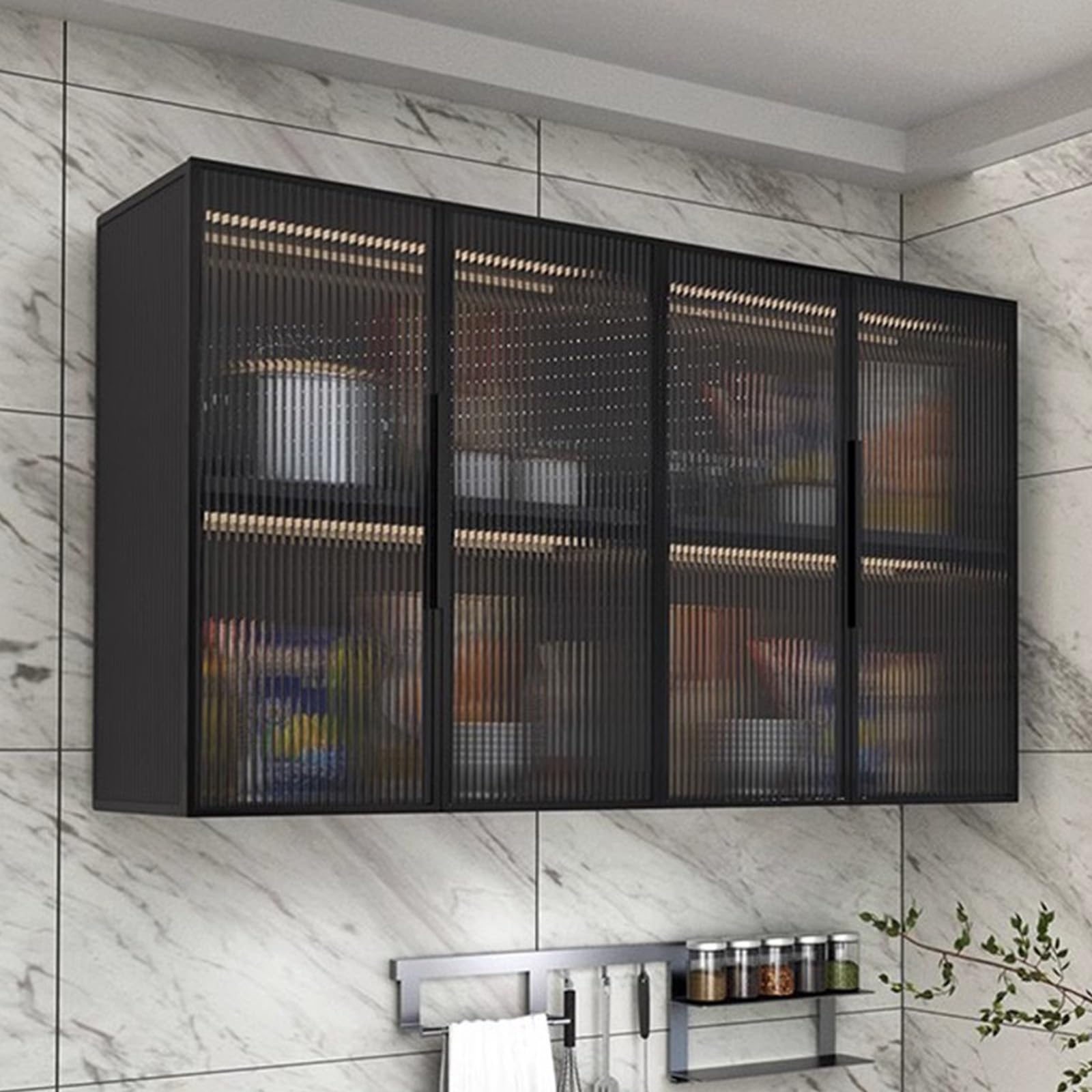Armario de almacenamiento con puerta de cristal montado en la pared, elegante diseño de madera maciza para espacios organizados de cocina, baño y balcón