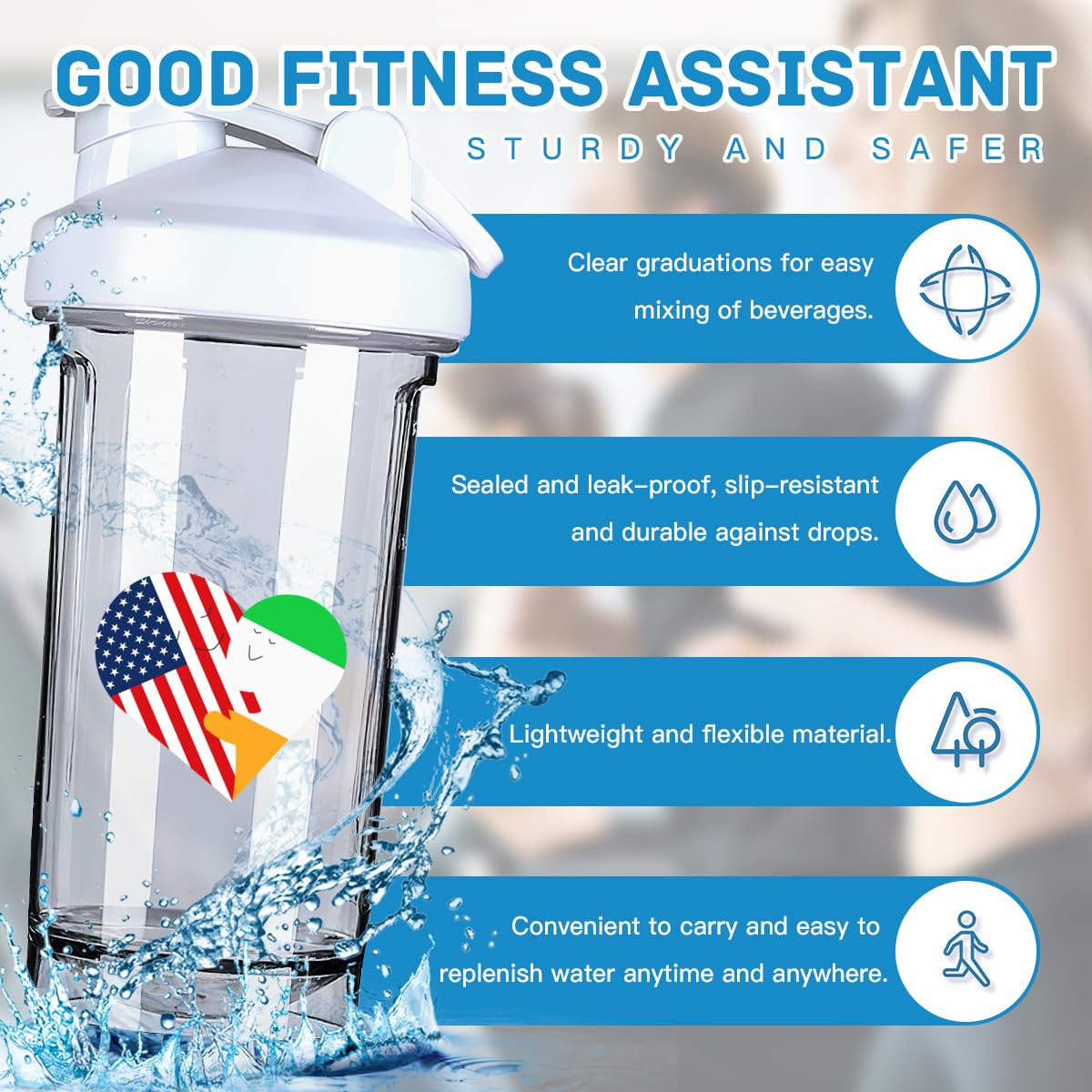 Hearts America USA and Irish Flag 18 Ounce Shaker Cup,Fashion Theme Pattern Shaker Bottle Leak-proof Workout Shake Bottles 500ML/18 oz Perfect for Pre Workout