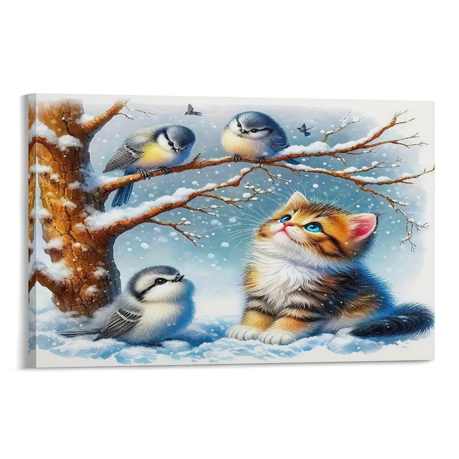 CPLVKWRQJ Sleeping Tabby Kitten on Fluffy Blanket Individual Tabby Kitten Watching Winter Tree Birds Canvas Print - Office Wall Art Fade Resistant Statement Piece Ready to Hang 20x30inch(50x75cm)