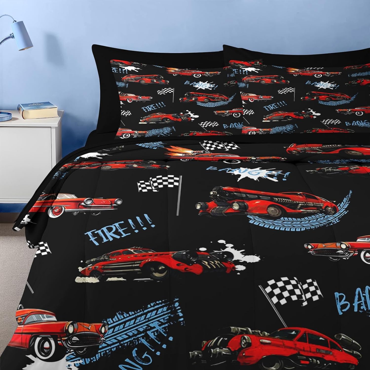 Nesker 7 Pcs Car Comforter Set Queen Size, Rad Race Car Vintage Boys Bedding Black Bed in a Bag for Kids and Adults, Retro Cool Truck Bed Sheet Sets with Fitted Sheet 2 Pillowcases & 2 Shams