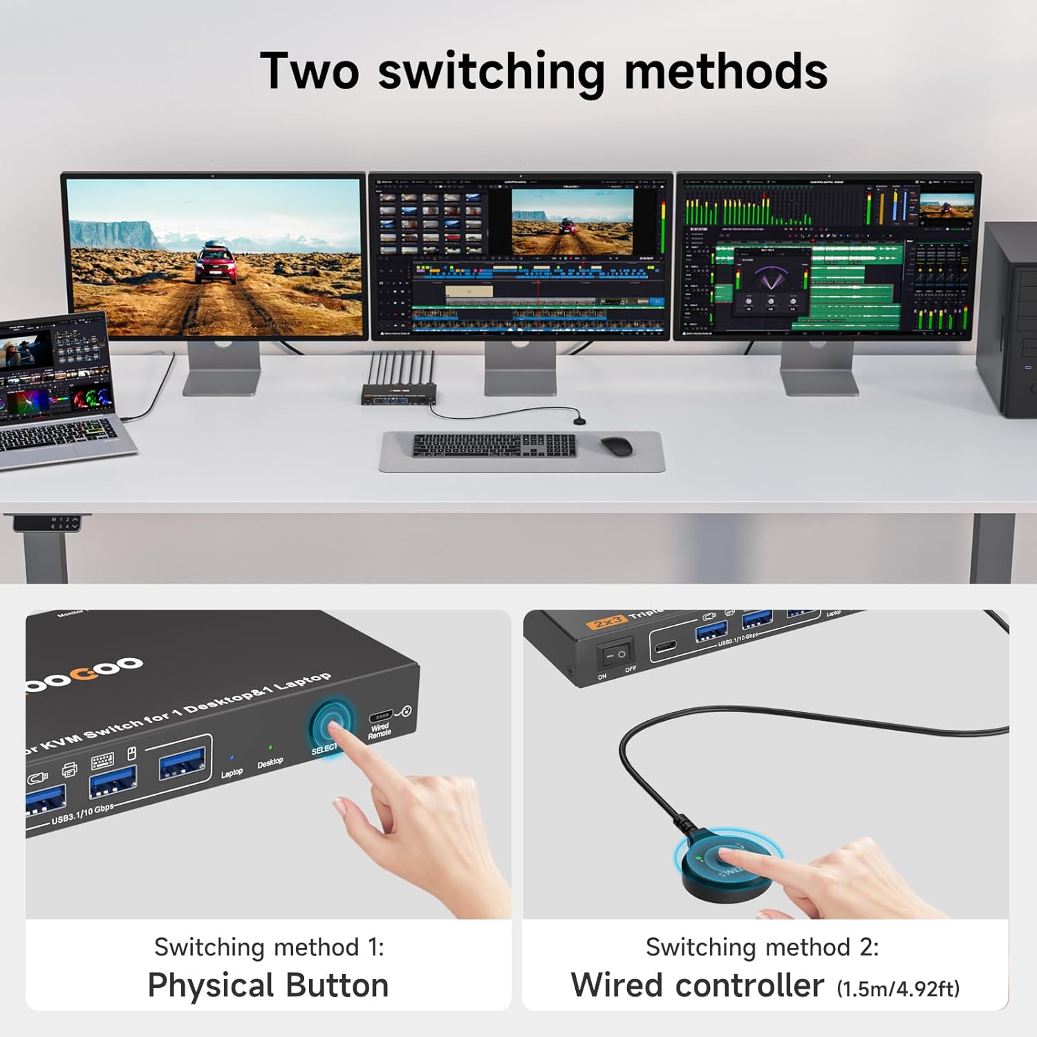 USB C DP KVM Switch 2 Computers 3 Monitors,4K/1080P@60Hz MST KVM Switch for 1 PC&1 Laptop Share 3 Monitor with 4 USB3.0 Devices,PD for Laptop, USB Cables and Power Adapter(4K USB C DP 2 in 3 Out KVM)