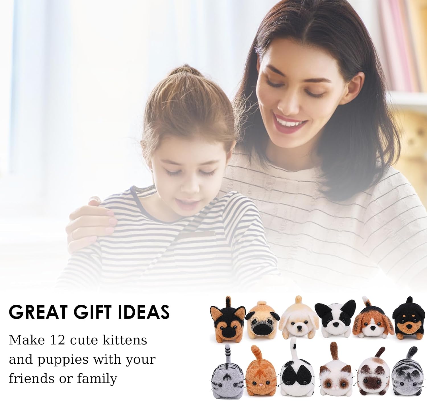 Needle Felting Kit Dog and Cat-Making Wool Felt Material 12 Pieces Kittens and Puppies with Instruction,Finished Size 3.4-3.7cm for DIY Beginners Adults Arts and Crafts(12 Cats and Dogs Group)