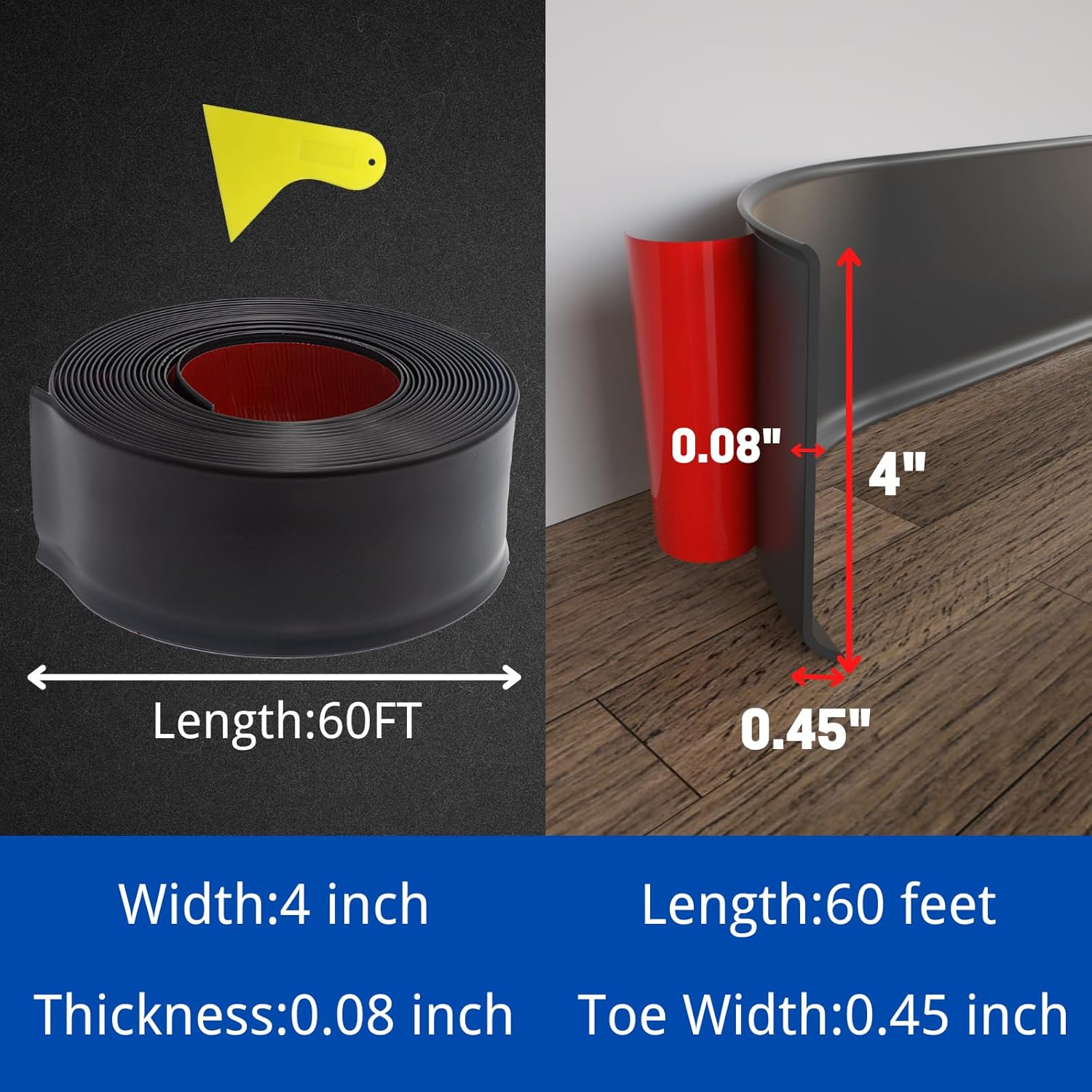 COUKIU Self Adhesive 4 Inch x 60 Feet Baseboard Molding Trim(S100) and 4inch(Width)3 Inner + 3 Outer Corners(Black)