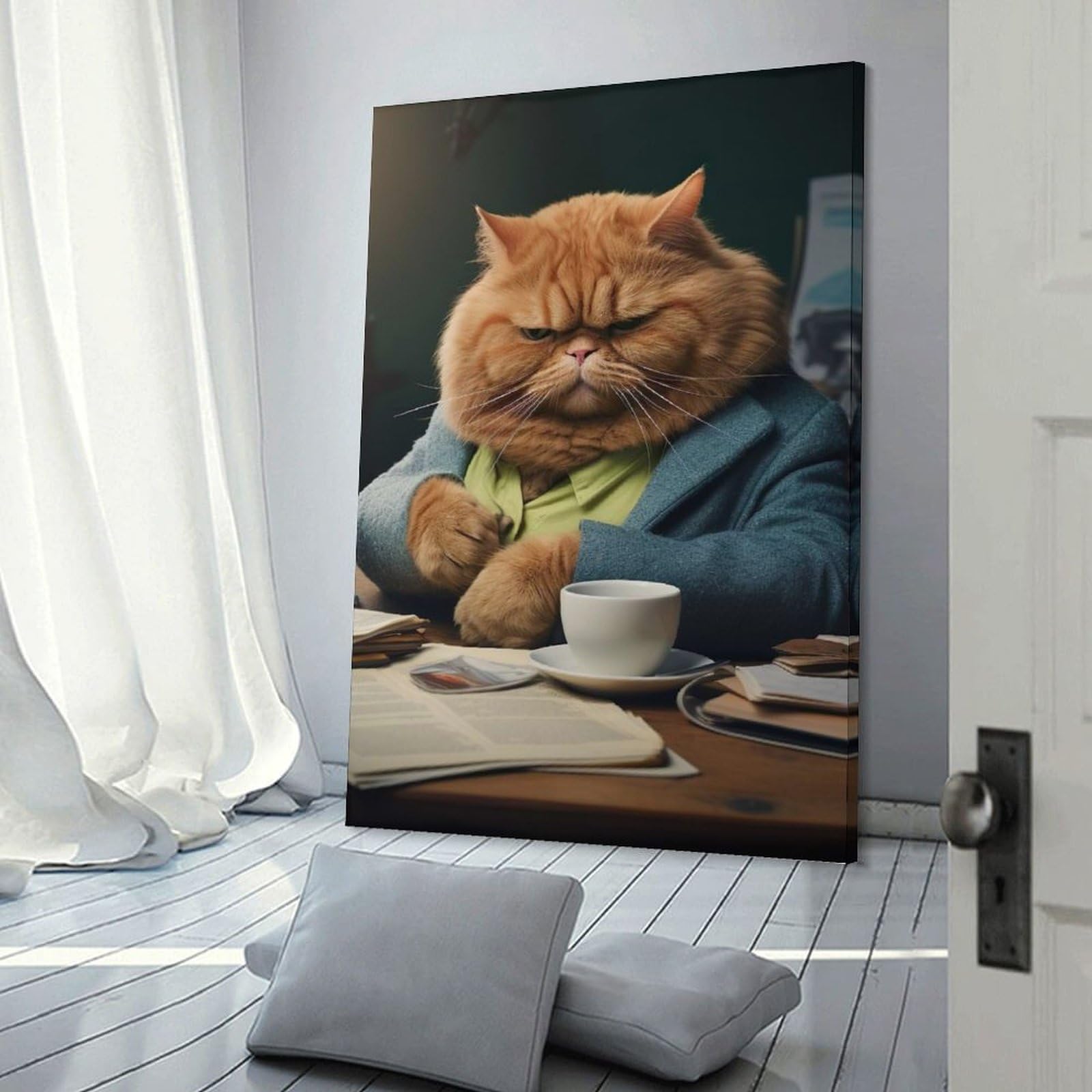 Junmoney Frame-Style-18 Home Decor Wall Art Angry Cat In Office, 08X12inch(20X30cm), For Bedroom Decor, Cosy Corners Or Studios, Decorative Wall Art For Cosy Rooms