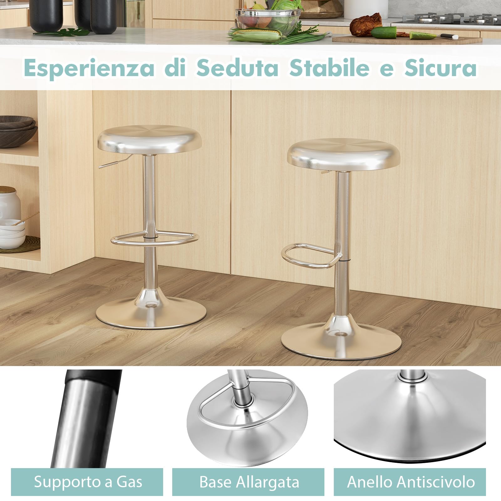 RELAX4LIFE Sgabello Moderno in Acciaio Inossidabile, Sedia da Bar Girevole con Poggiapiedi, Altezza Regolabile, Pistone a Gas, Sgabello da Banco Alto, per Isola Cucina, Pub, Caffetteria, Argento