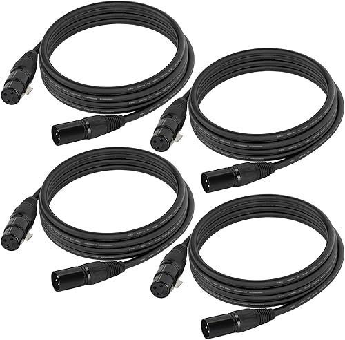 Cable DMX de 10 pies, paquete de 4 cables de luz DMX de 9.8 ft, cables DMX de 3 pines, cable de señal XLR macho a hembra con conectores metálicos