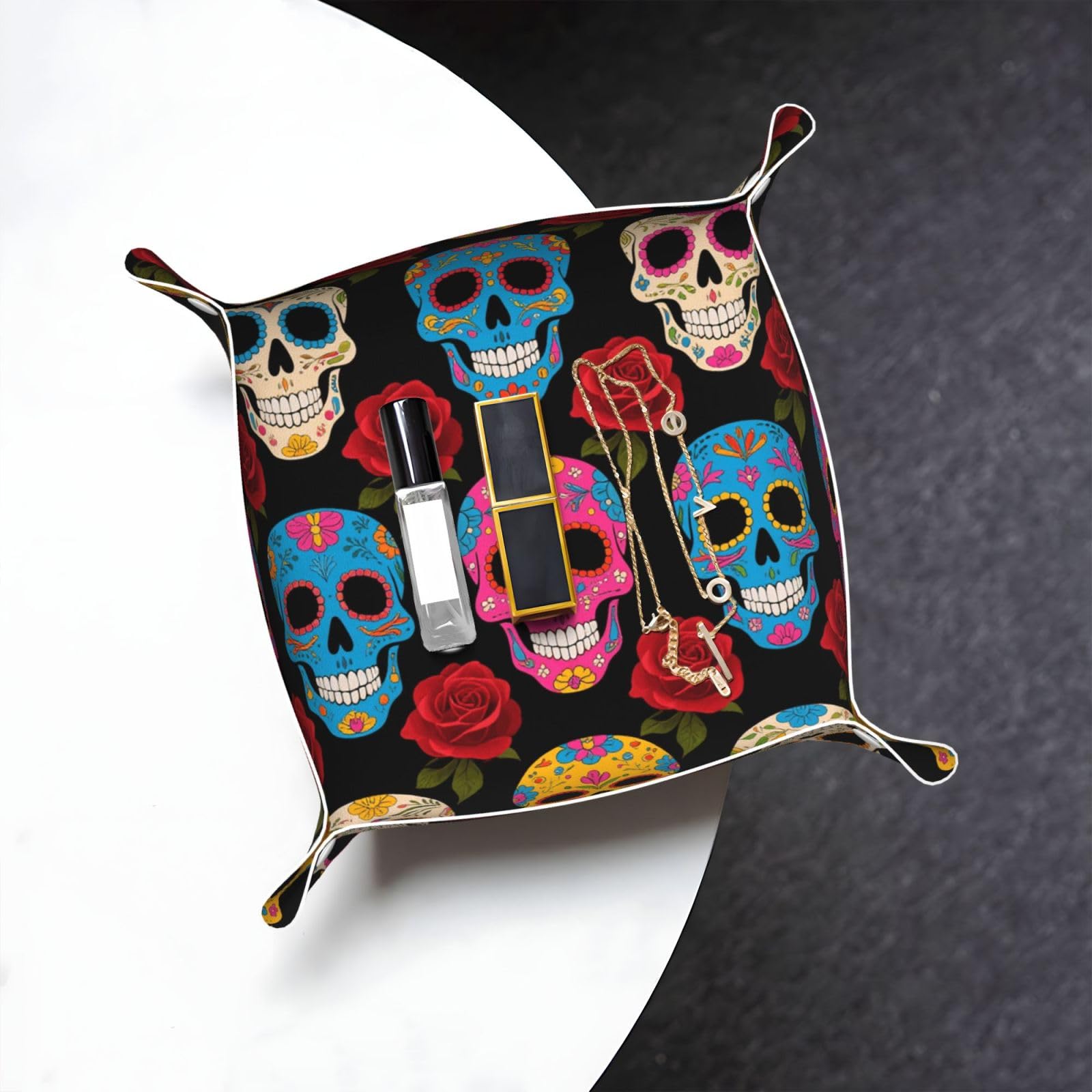 Sugar Skulls Valet Tray Organizer Pu Leather Travel Catchall Tray Organizer Portable Jewelry Tray Storage Keys Tray for Entryway Table Coins Watches Candy