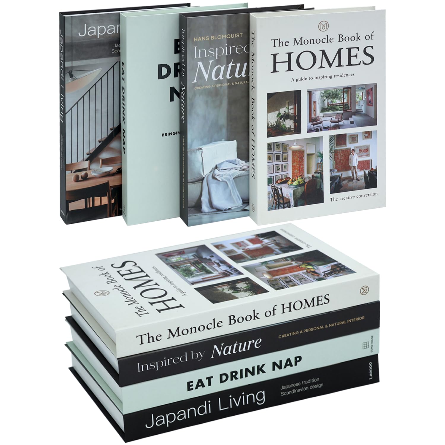 Set of 4 Decorative Books for Home Decor - Fake Books for Decoration, Featuring Four Hardcover Themes, Ideal for Coffee Table Decoration, Living Room Display, Tabletop or Shelf Décor, Contemporary Stacked Hardcover Display Books.