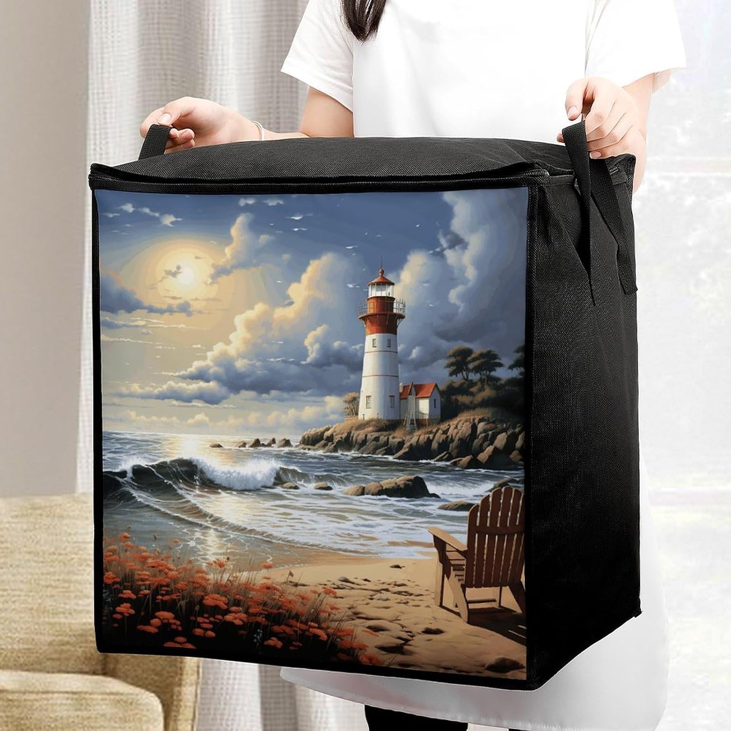 Sea Lighthouse Sandbeach Storage Bag with Zippers And Handle Extra Large Bedding Comforter Storage Bag Foldable Blanket Storage Bags Fabric Moving Bags for Closet Organizer (70L)
