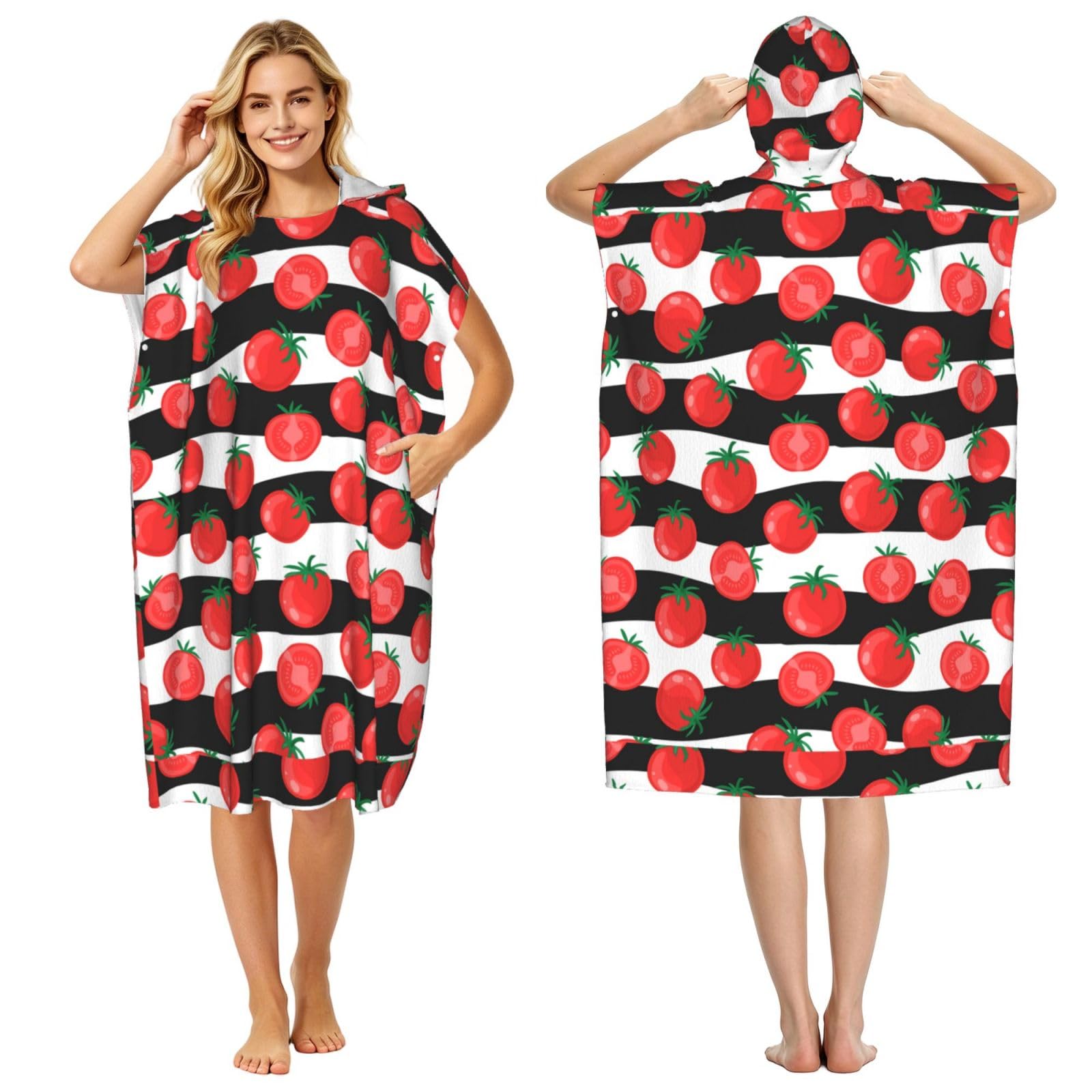 Poadnly Red Tomatoes With Streak, Adult Hooded Beach Towel 90 x 110 cm,Changing Bath Robe, Surf Poncho Towel For Women Men