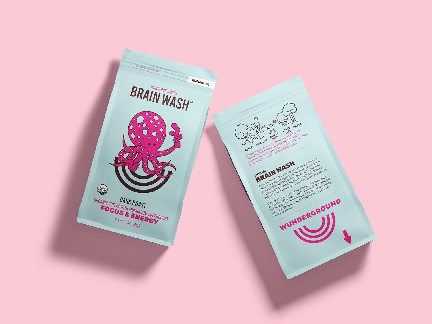 Wunderground's Brain Wash Dark Roast Organic Ground Coffee with Mushroom SuperBoost (12 oz Bag)