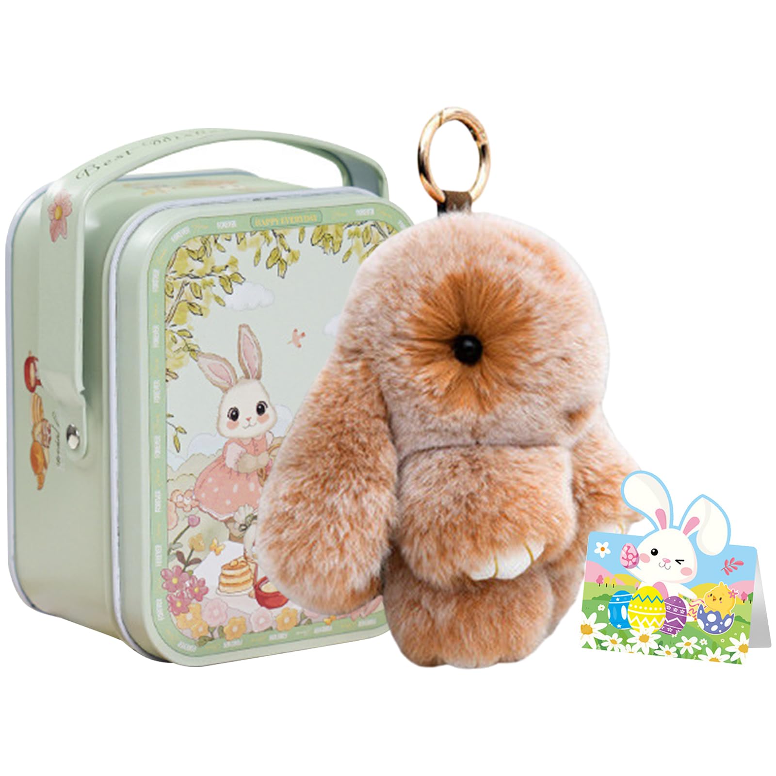 Little Pocket Bunny in A Tin: Charming Keychain Bunny Hugs in A Box, Plush Bunnies Keyring Easter Gifts For Kids Adults, Handmade Rabbit Pocket Box Stuffed Animal Doll For Easter Home Decor