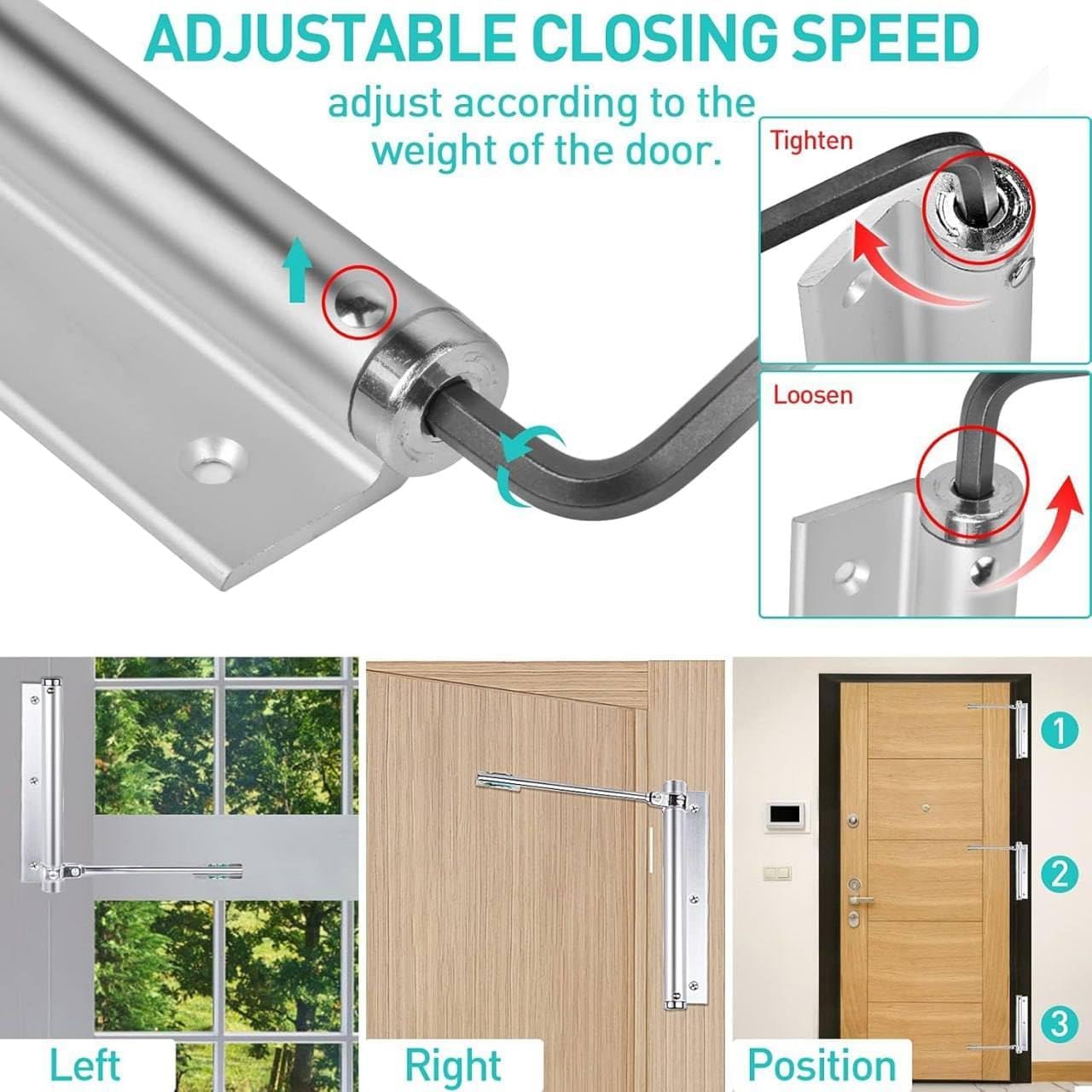 Feelon Automatic Door Closer – Rustproof Stainless Steel, Adjustable Spring Tension, Ideal for Light-Weight Doors, Easy DIY Installation, Quiet & Secure Closure 4