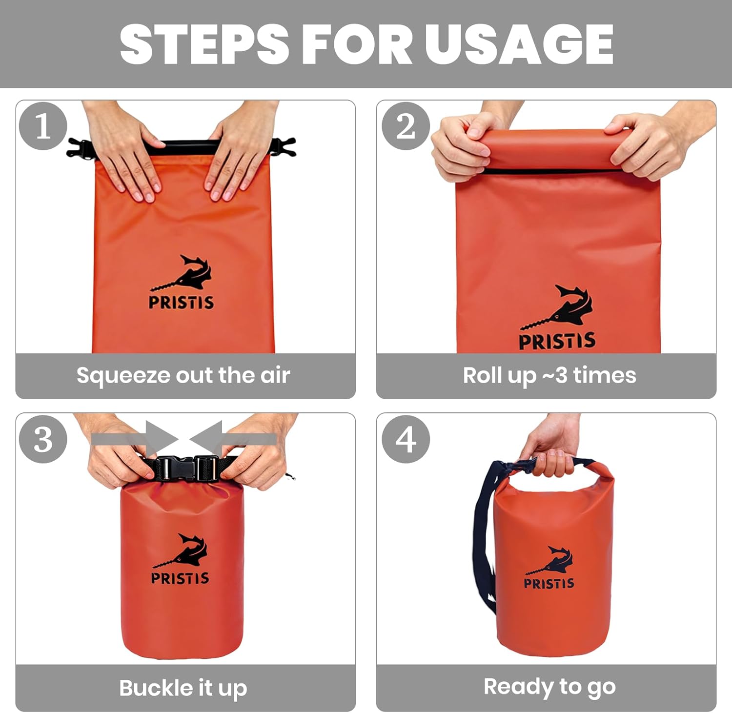 Pristis Waterproof Dry Bag, 5L Lightweight Floating Kayak Storage Backpack for Men Women, Durable Outdoor Roll Top Dry Sack Gear Accessory for Kayaking Fishing Rafting Beach Camping, Orange - Image 4