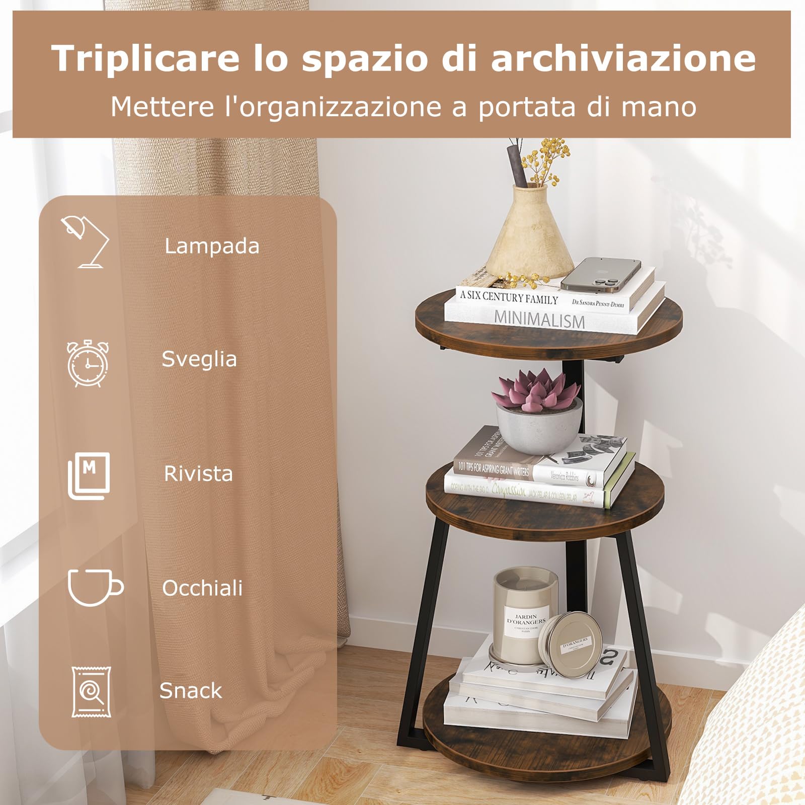 COSTWAY Tavolino Rotondo Industriale a 3 Livelli, Struttura Metallica e Piedini Regolabili, per Piccoli Spazi, Soggiorno e Camera da Letto (2)