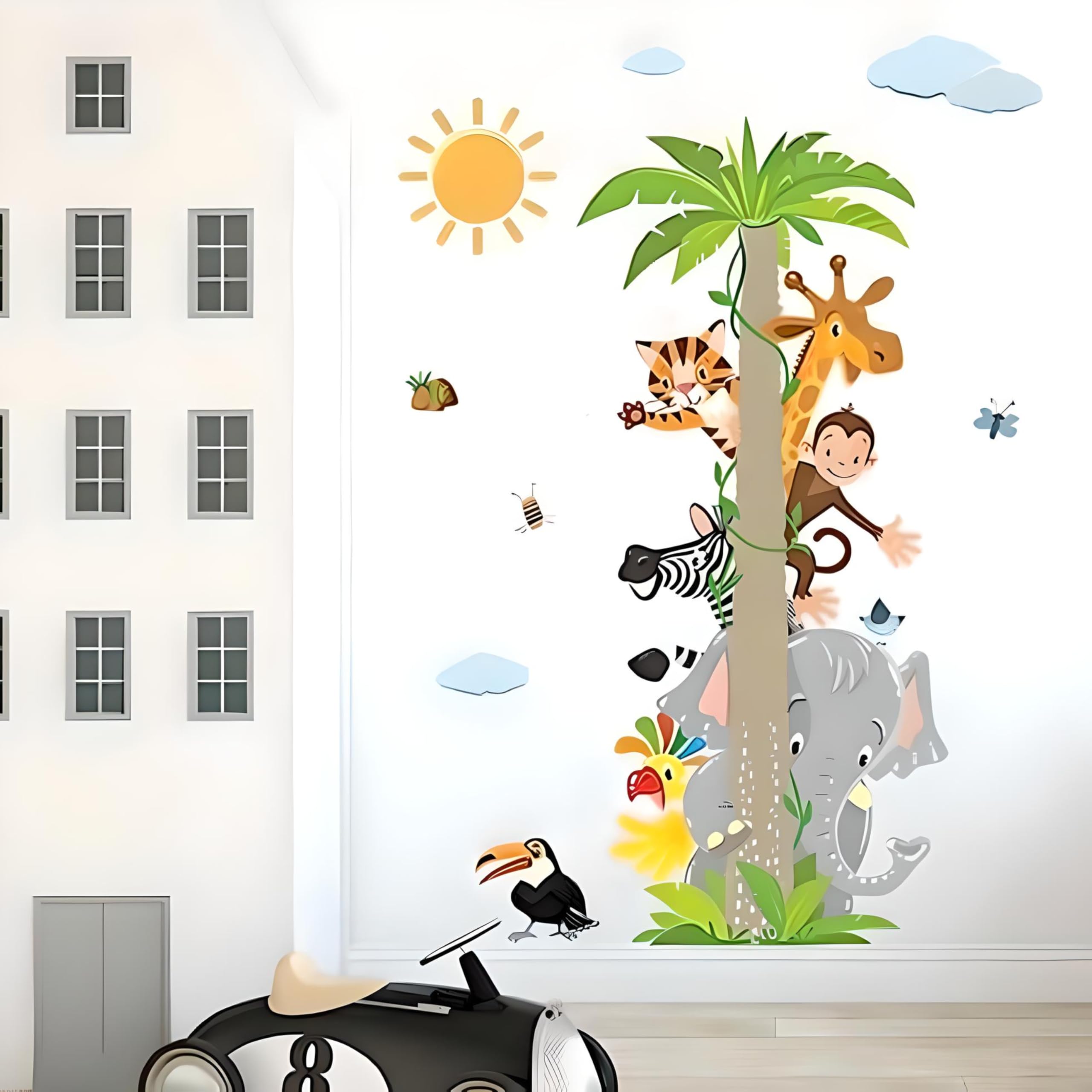 JAAMSO ROYALS Coconut Tree with Jungle Animal PVC Vinyl Wall Sticker for Home Decor- Multicolor (90 CM X 30 CM)