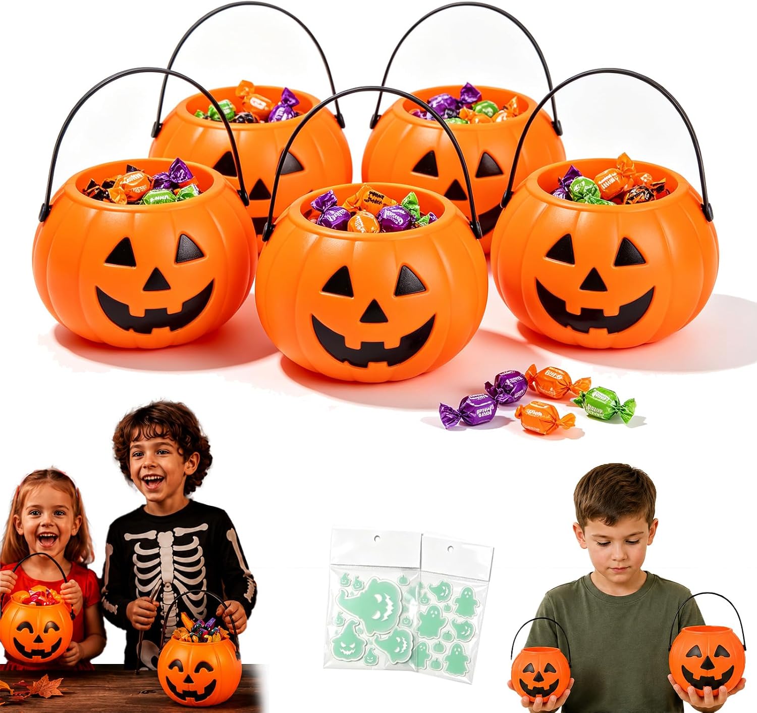 Plastic Pumpkin Buckets for Halloween with Handle,Orange L