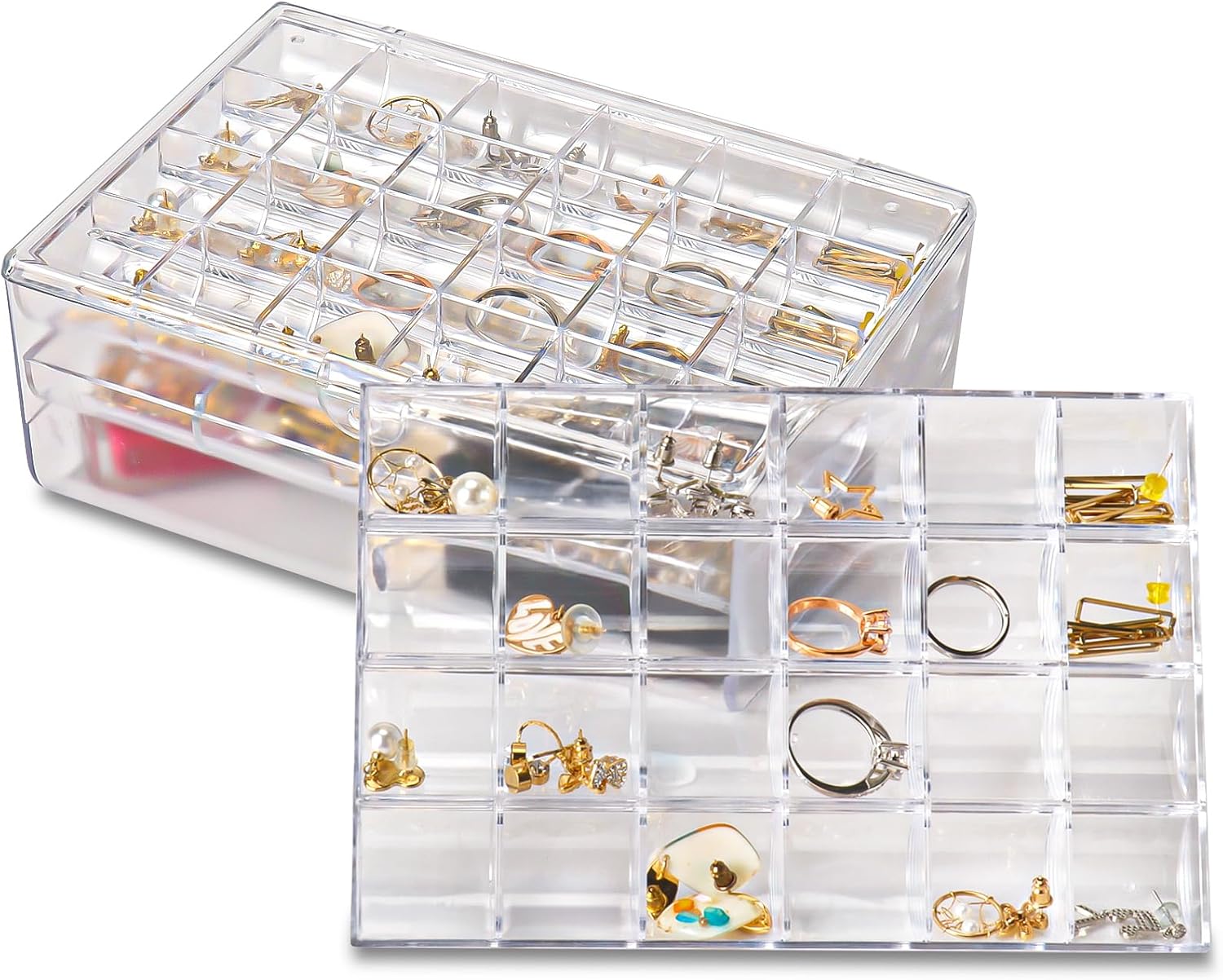 inmorven clear jewelry organizer box, 36 compartments stackable storage case for rings and earrings