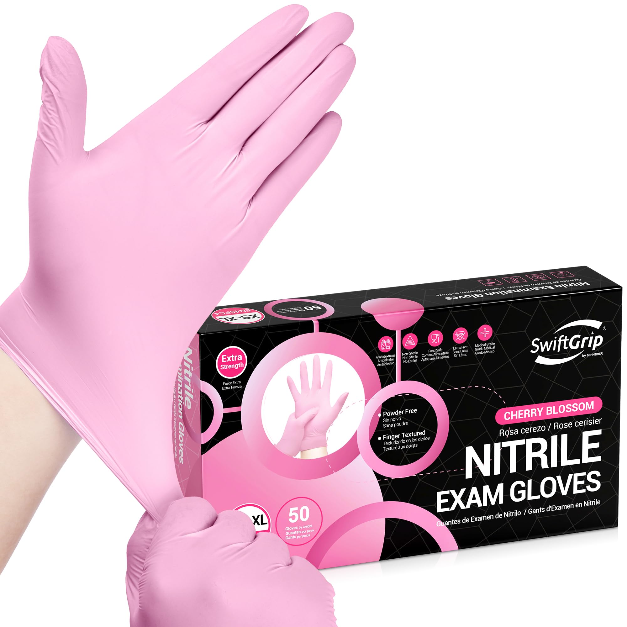 SwiftGrip Guantes de examen de nitrilo, 4 mil, medianos, flor de cerezo, guantes desechables sin látex, sin polvo, para suministros de limpieza, esteticista, tinte para el cabello, suministros de