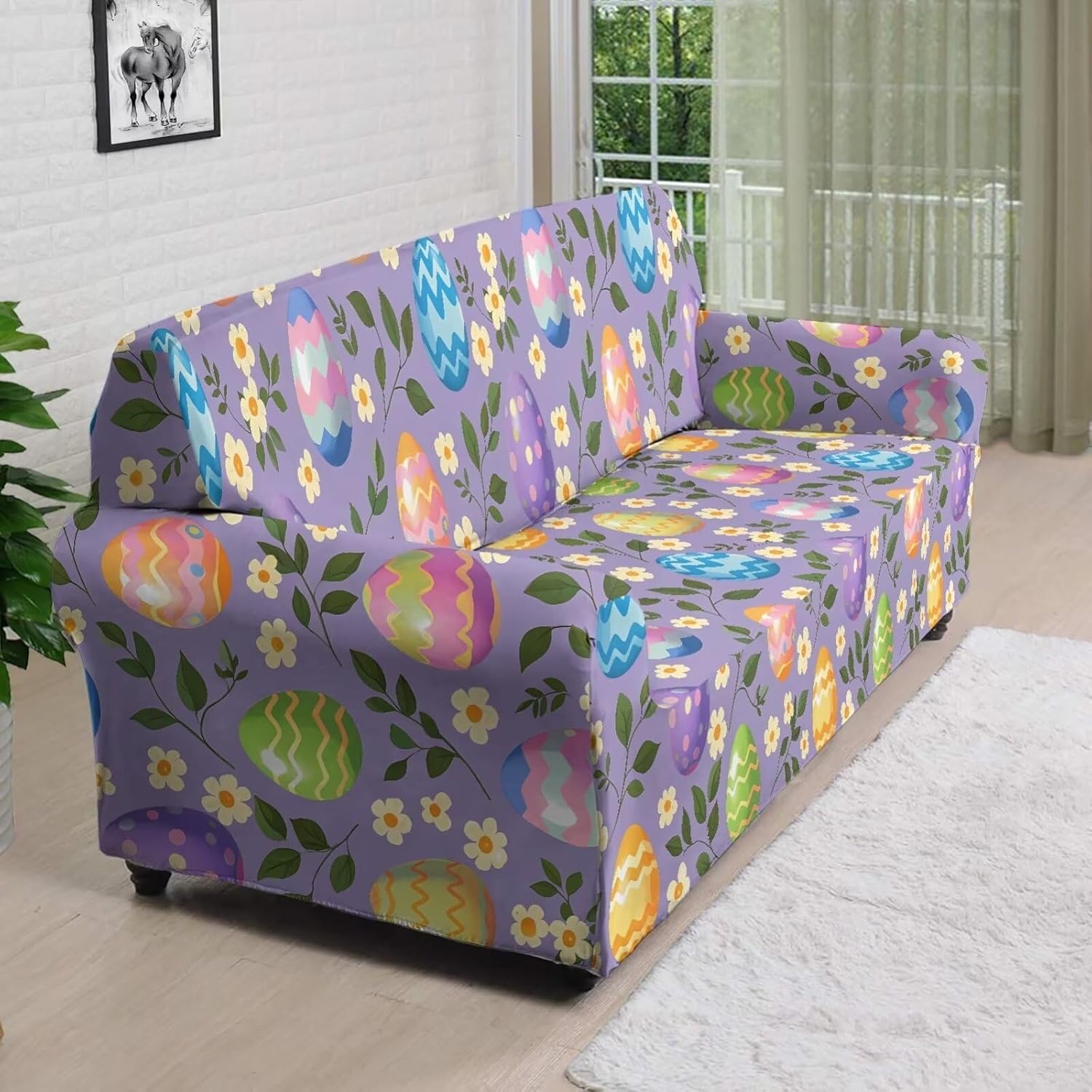 ZOUTAIRONG Easter Home Furniture Sofa Covers Shamrock Couch Cover Stretch Sofas Slipcover Protector Recliner Seats Cover Colored Eggs Floral Decoration Dust-Proof, Size XL