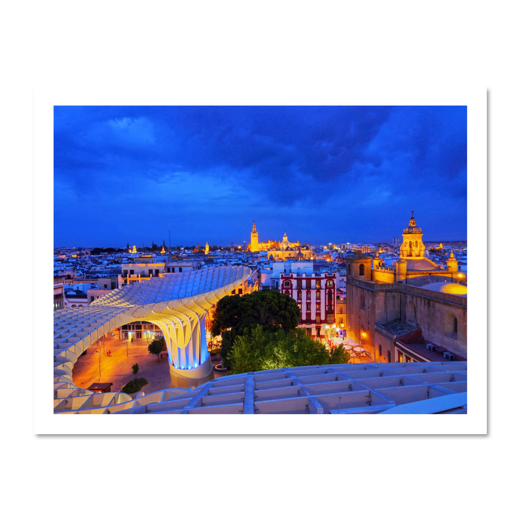 Wee Blue Coo Cityscape Seville Spain Cathedral Night View Lights Large Framed Art Print Poster Wall Decor 18x24 inch