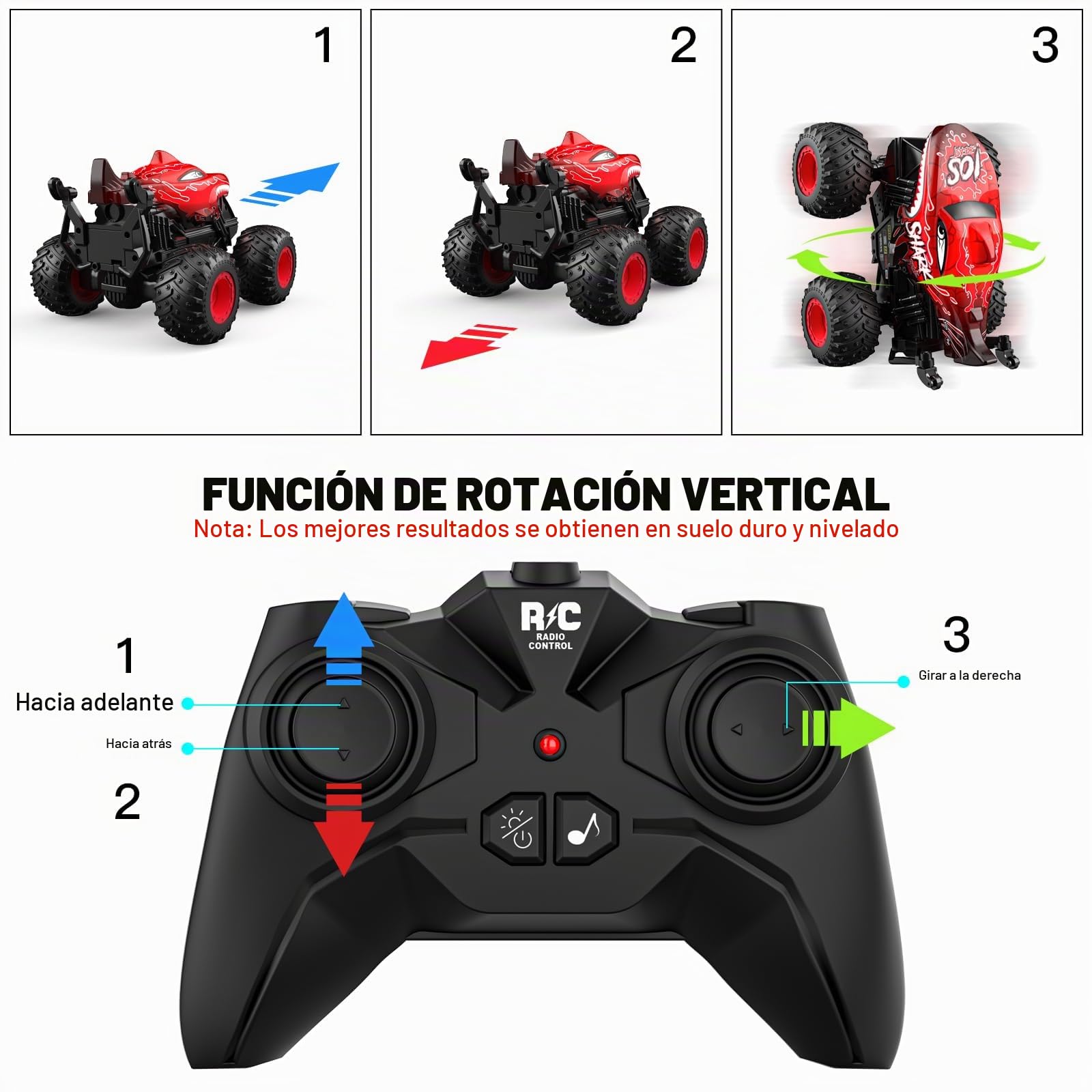 ACAMMZAR Coche Teledirigido, Dinosaurio Monster Truck Radiocontrol, 2.4GHz 20+Km/h RC Stunt Coche, Crawler Camiones con Luz Led y Música,de Juguete para niños de 4 6 8 9 12 años Adulto