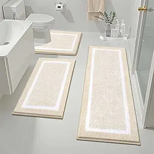 Pauwer Bathroom Rugs Sets 3 Piece Bathroom Shower Rugs with U-Shaped Contour Toilet Mat Absorbent Microfiber Plush Bath Mats Non Slip Bath Rugs Machine Washable Shaggy Bath Floor Mats, Light Beige