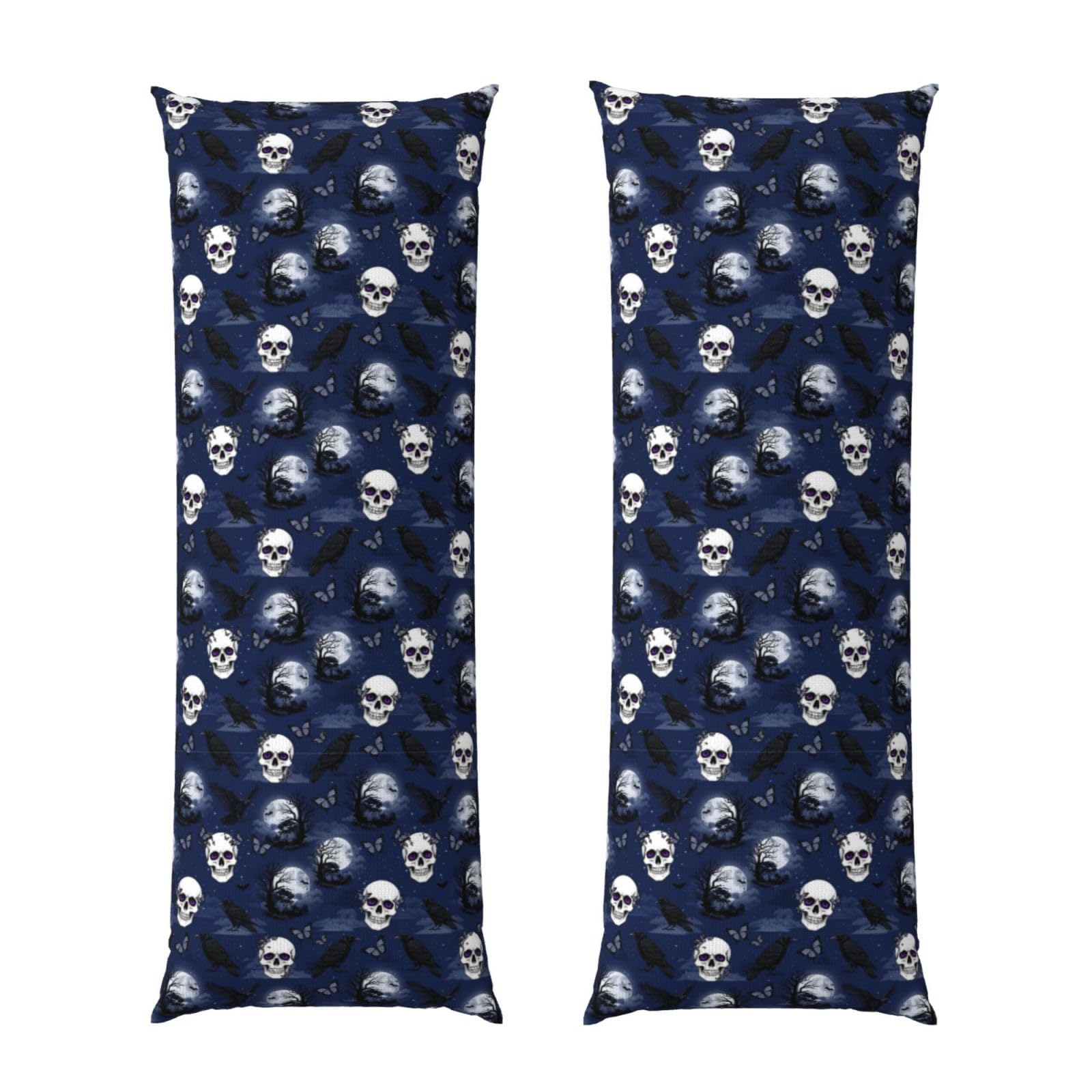 Long Pillow Cover 20x54, Halloween Full Moon Raven Goth Skulls, Cozy Microfiber Pillowcase with Zipper, Soft Breathable Protector for Bed Sofa Couch Decoration