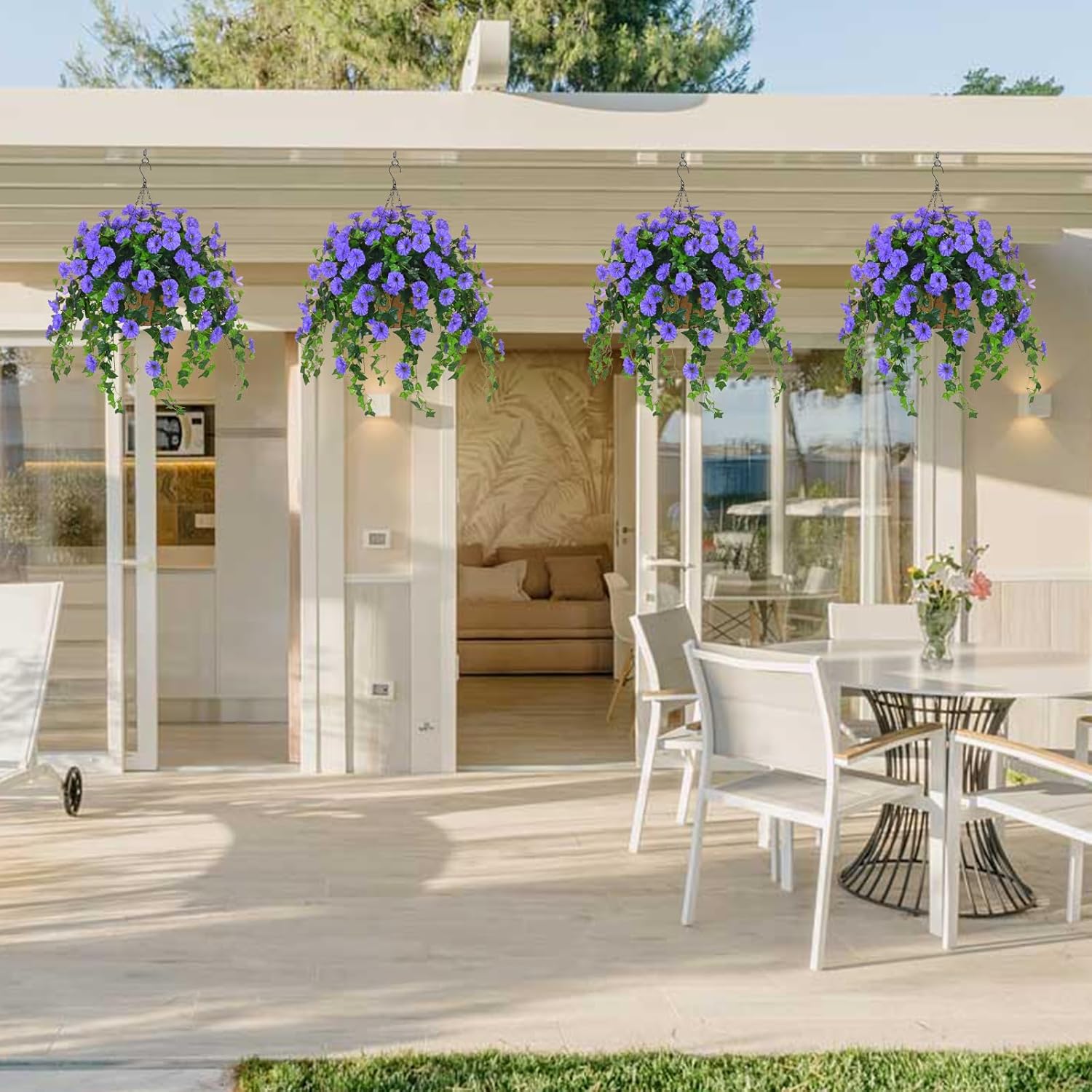 Waipfaru Artificial Hanging Baskets with Flowers, Fake Hanging Plants Outdoors, Faux Vine Bougainvillea for Urn Fillers Front Porch Patio Outside Summer Decor (Blue)
