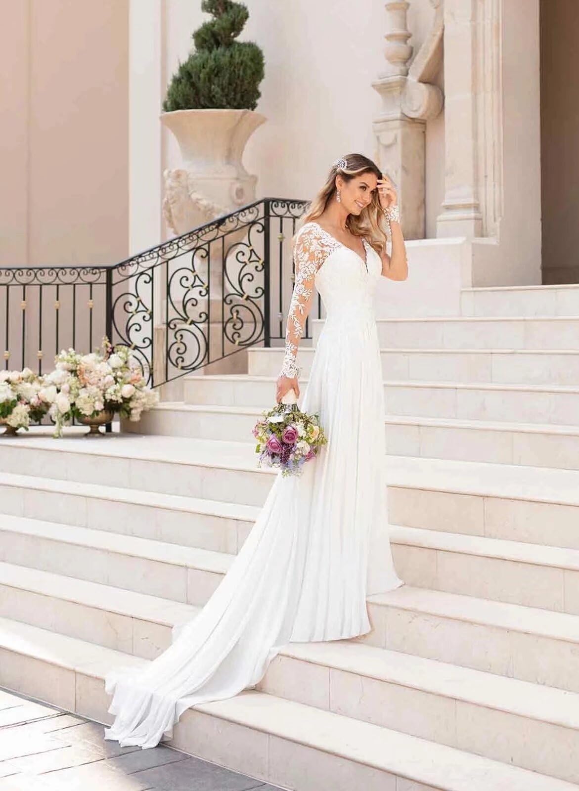 HUINI Damen Brautkleid mit Ärmel Boho Lang Spitzen Hochzeitskleid Standesamt A-Linie Strand Brautmode Kleid