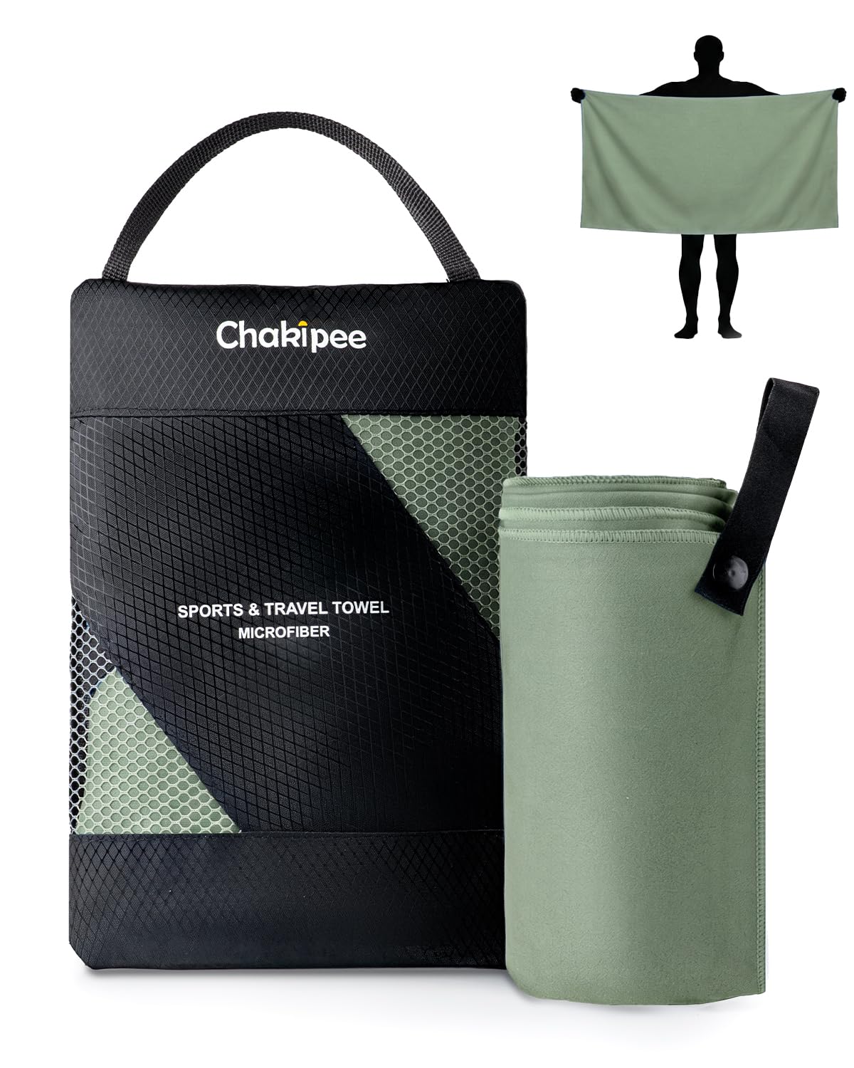 Chakipee Quick Dry Microfibre Towels Travel & Camping Microfiber Towel. Fast Drying, Super Absorbent & Ultra Compact for Travel, gym,sports, camping, Beach & hiking, 1 Pack, 150 x 75cm, Army Green