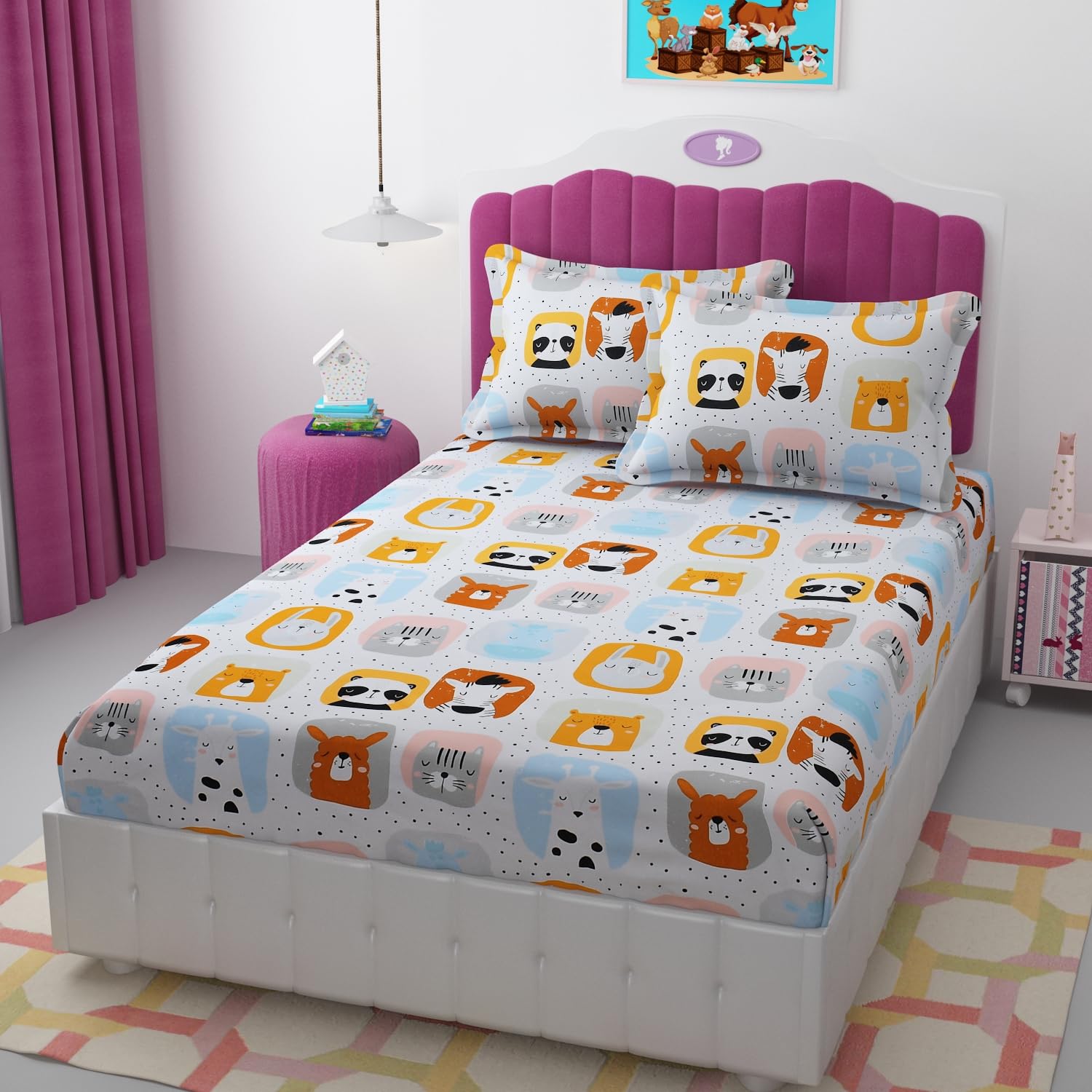 STELLAGEM 200 TC 100% Polycotton Cartoon Printed Supersoft Bedsheet Kids Room Elastic Fitted Single Bed with 2 Pillow Covers Soft/Breathable Wrinkel Free -48x72 Inches -Aqua-image-21