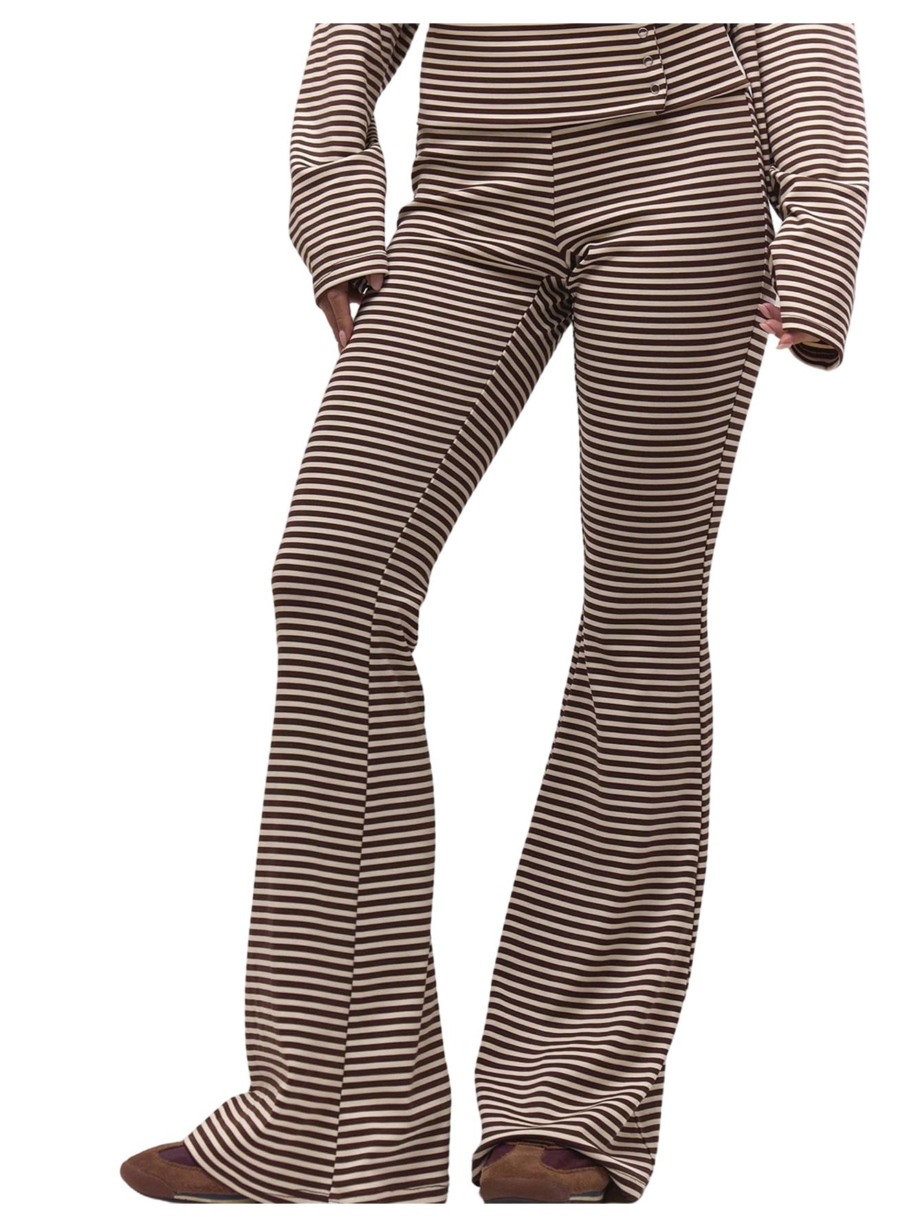 Verdusa Womens Fold Over Pants Striped Button Flare Pants High Waisted Bell Bottoms