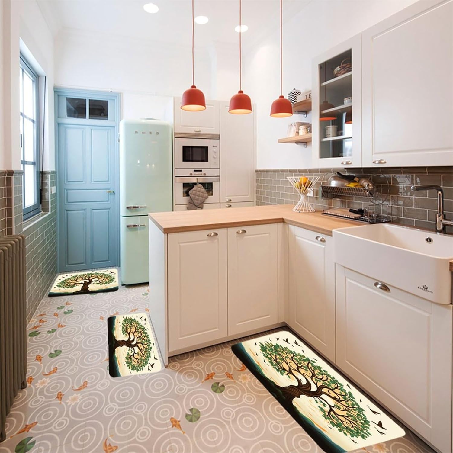 Family Tree Kitchen Mats Soft Absorbent Rugs for Floor Non Slip Washable Kitchen Mats Fashion Rectangular Rugs for Three-Piece Set for Laundry Office Home Sink