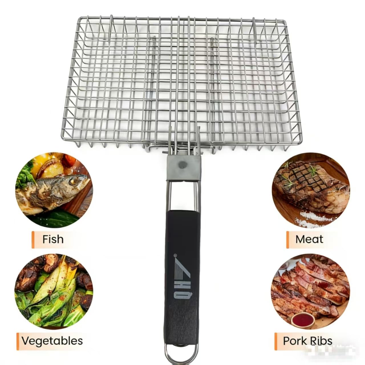Cestino da cucina in acciaio inox per barbecue, pieghevole, portatile, con manico rimovibile, rete antiaderente per pesce, verdure, gamberetti