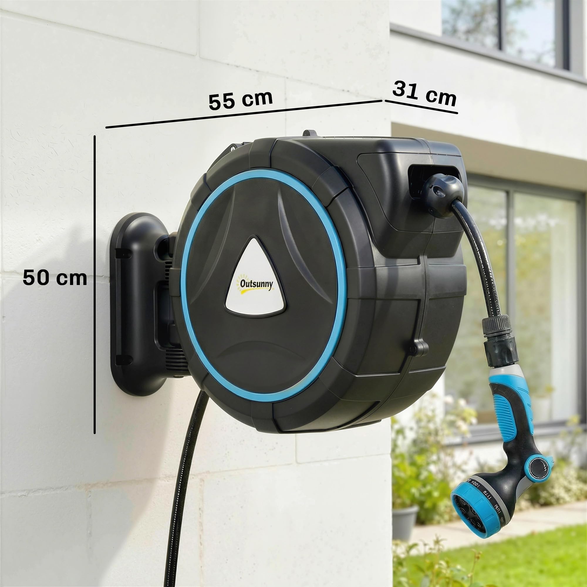 Outsunny Avvolgitore Tubo per irrigazione a parete automatico 23+2m 10+2 modalità blu | Pistola da irrigazione 10+2 modalità, soluzione di irrigazione retrattile e flessibile, giardino, pulizia auto