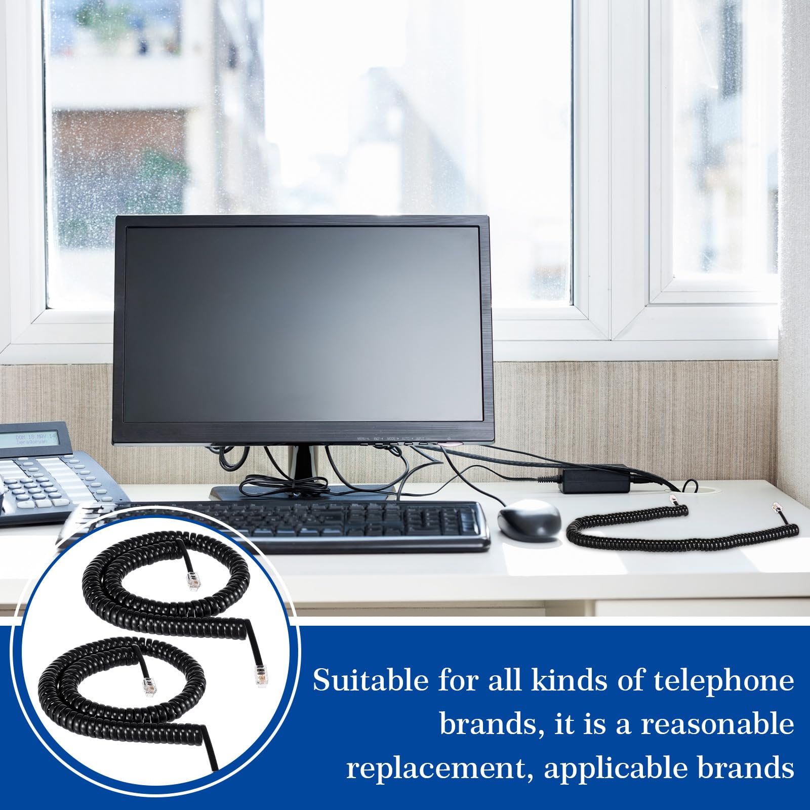 Kanayu Paquete de 30 cables negros de teléfono de 12 pies para cable de teléfono fijo en espiral a granel para uso con todas las líneas telefónicas fijas, accesorios de cable de repuesto