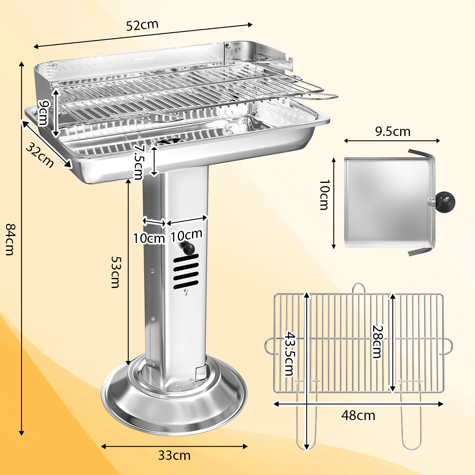 TLGREEN Barbecue à charbon de bois en acier inoxydable, Barbecue à colonne 52*32*84cm, Hauteur réglable en 3 directions, avec grille de chromée, ventilation et Cendrier, Plage, Outdoor, Camping, BBQ