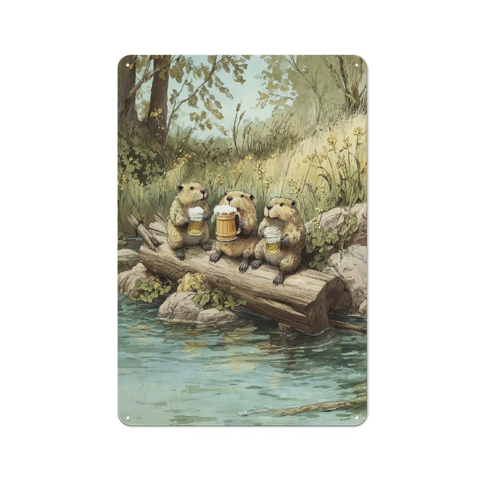 Junmoney Style-10 Beavers Drinking Beer On A Log Retro Metal Wall Decor 30X20cm, Retro Metal Sign For Garage, Hobby Room, Office Or Man Cave