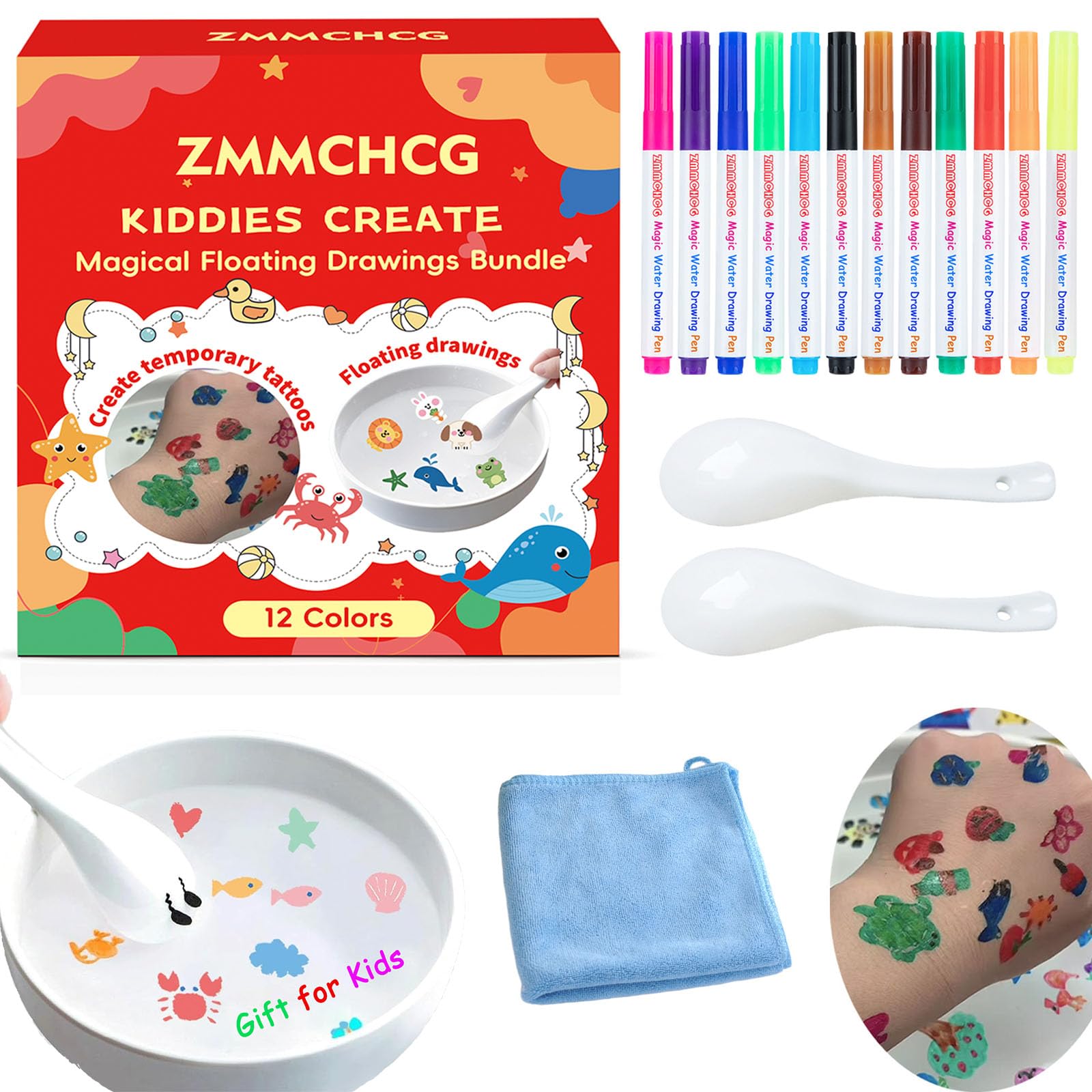 ZMMCHCG 12-Color Magical Floating Pens with 2 Spoons and Towel, Magic Floating Drawing Pens for Kids, Water Art Marker Bundle for Transfer Tattoos, Kiddies Create Craft Kit for Girls & Boys Ages 4-12