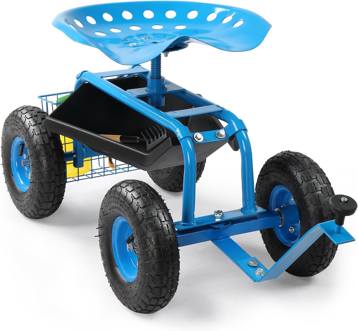 Rolling Garden Work Seat with Wheels, Gardening Stool for Planting, Garden Scooter with 360 Degree Swivel Seat & Steering Handle & Tool Tray, Blue