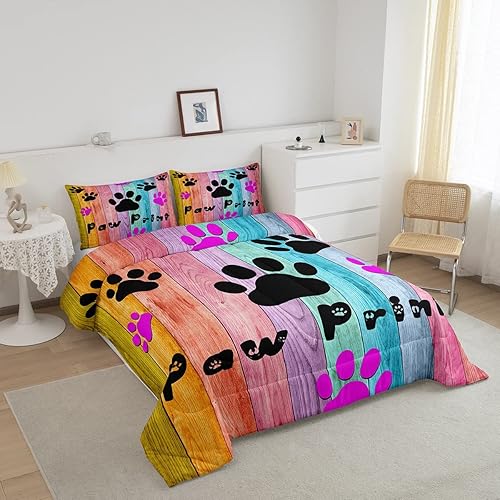 Miniatura 2 de Erosebridal Juego de ropa de cama con estampado de patas, decoración colorida de patas de perro, diseño de pared de madera rústica, edredón tamaño