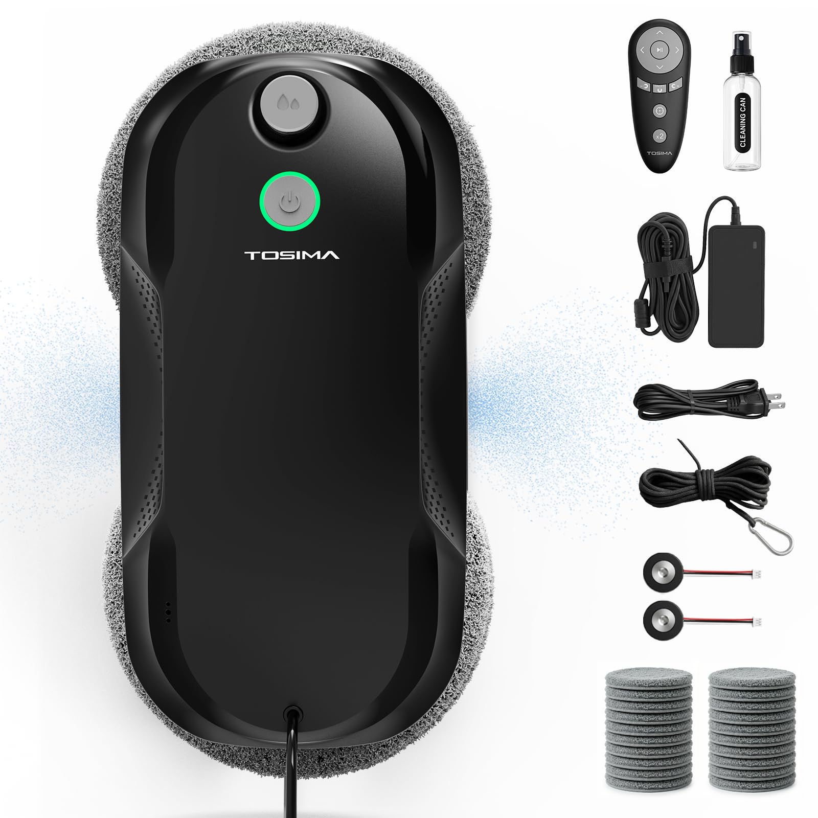 Tosima W5 Pro 6400 Pa Robot Laveur de Vitre, Double Pulvérisation d'eau Ultrasonique, Nettoyeur de Vitre Automatique, Télécommande, 20 Chiffons en Microfibre (Noir)