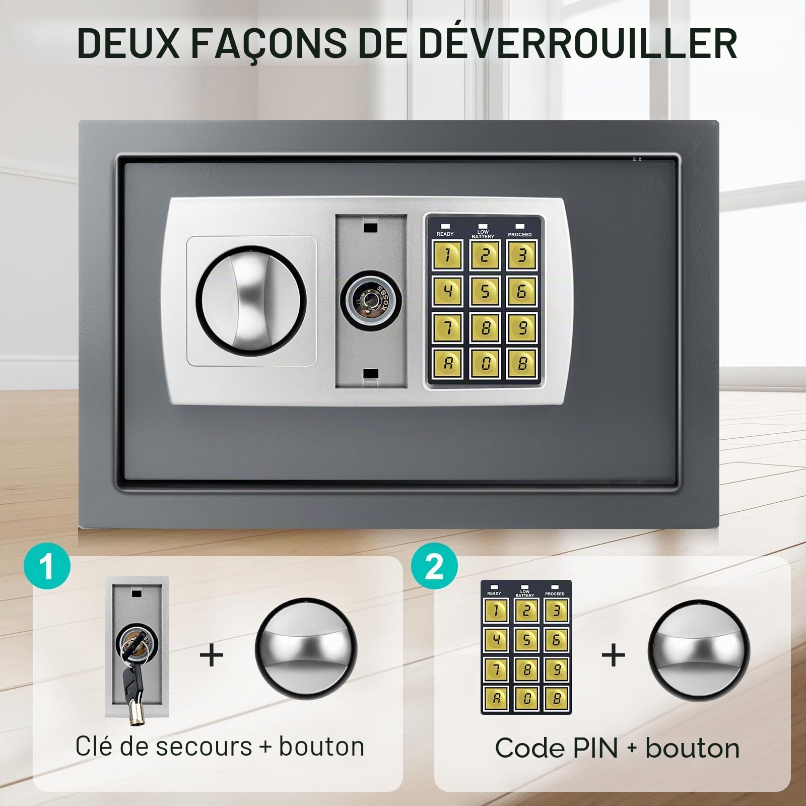 Coffre-fort électronique numérique avec 2 clés, haute sécurité, gris, avec clavier numérique, 31 x 20 x 20 cm (8,5 l)