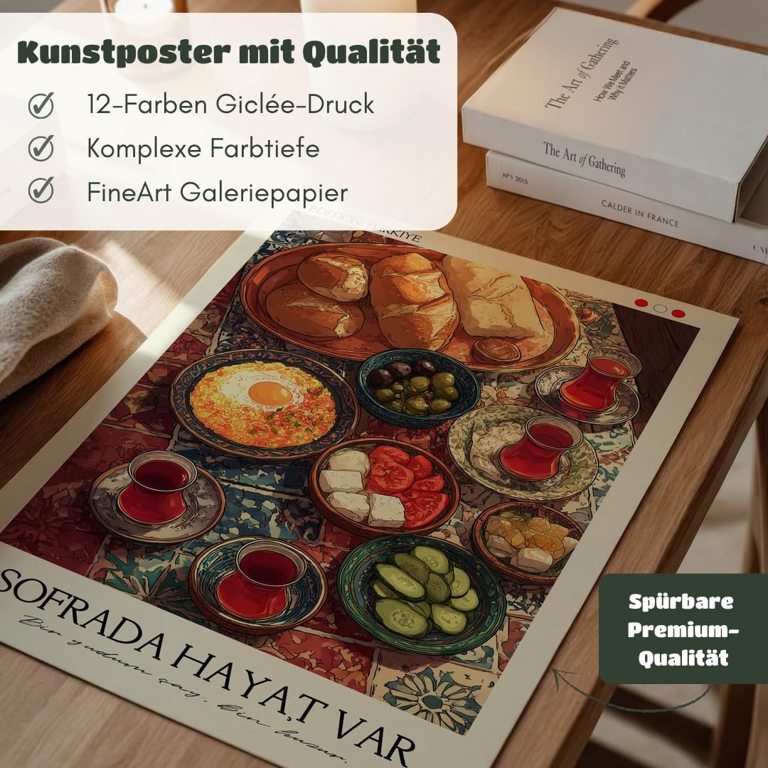 MJ-GRAPHICS® Poster Frühstück Wandbild türkei Farbenfrohes Kunstdruck traditionell Deko lebendig Küche orientalischer Stil Bild Frühstückstisch maximiere Genuss A2 mit weißem Rahmen