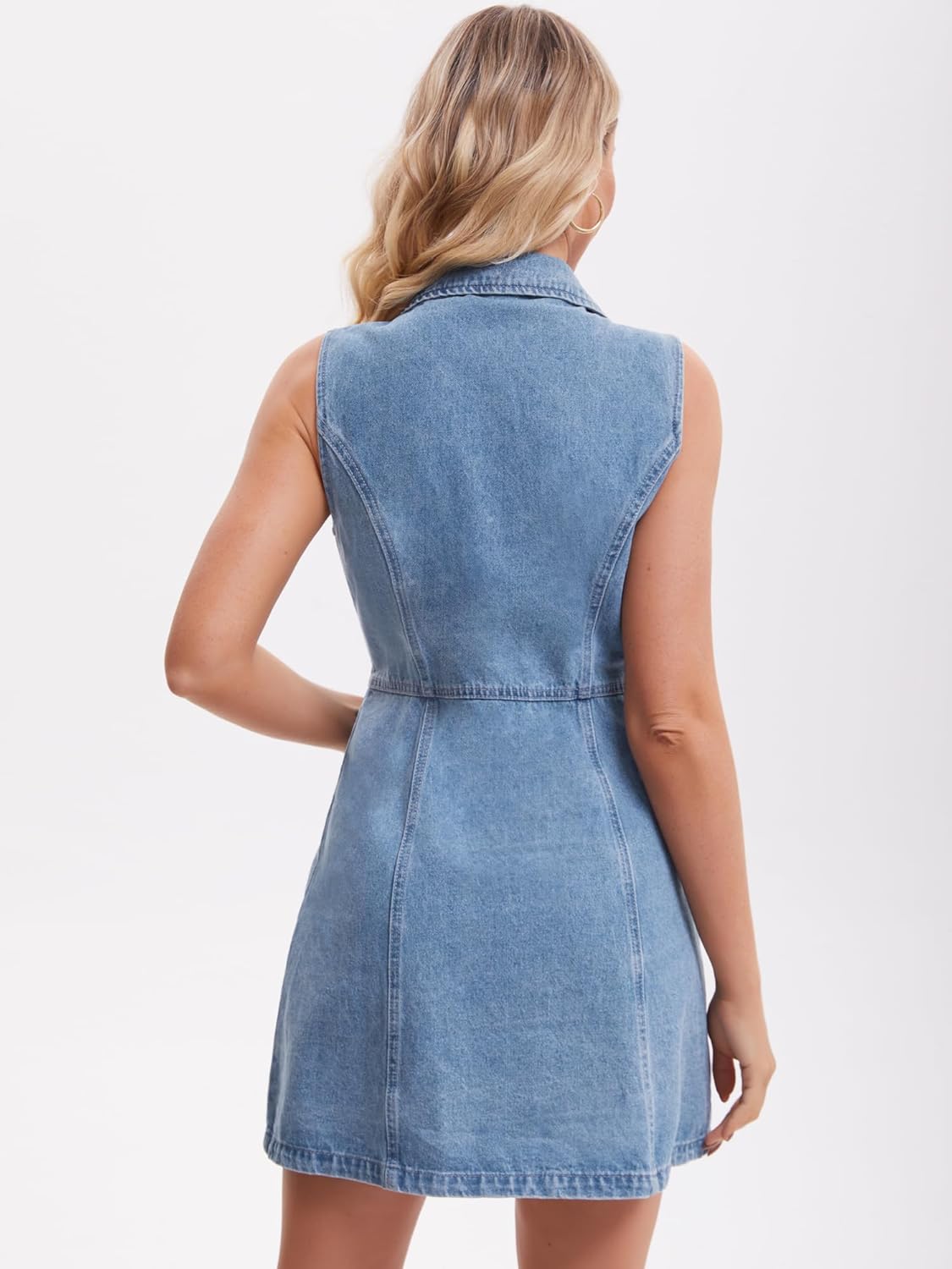 Women's Denim Mini Dress Sleeveless Button Down V Neck Summer Jean Dresses - Image 4