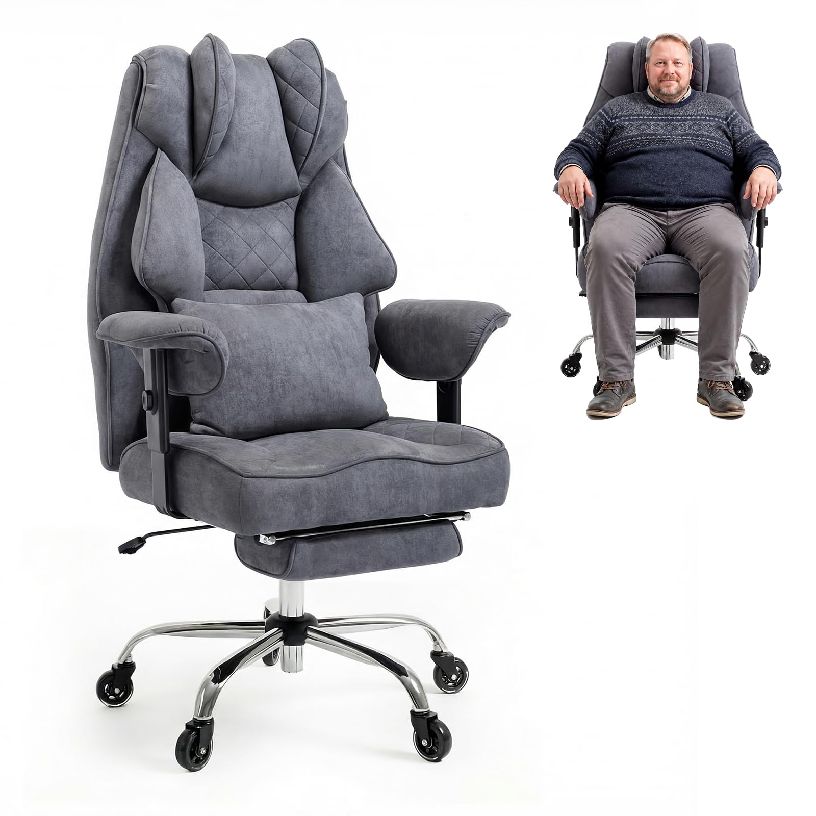 Ergonomischer Bürostuhl 200kg, XXL Chefsessel Fußstütze Homeoffice | XXL Schreibtischstuhl ergonomisch, 90–135° Rückenlehne, W-Form Sitzkissen, Lendenkissen, Wildlederimitat Grau