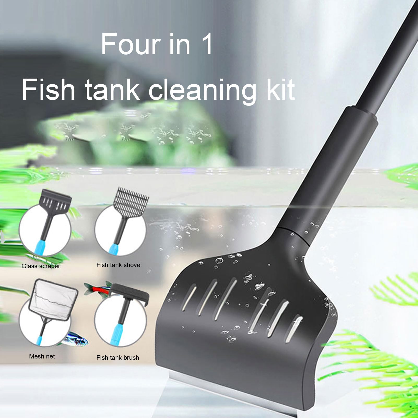 Sorandy Aquarium Cleaning Kit, Fish Cleaner Set, 4 in 1 Plastic Long Handle Fish Brush Cleaner Set Fish Glass Scraper Right Angle Brush with Telescopic Handle