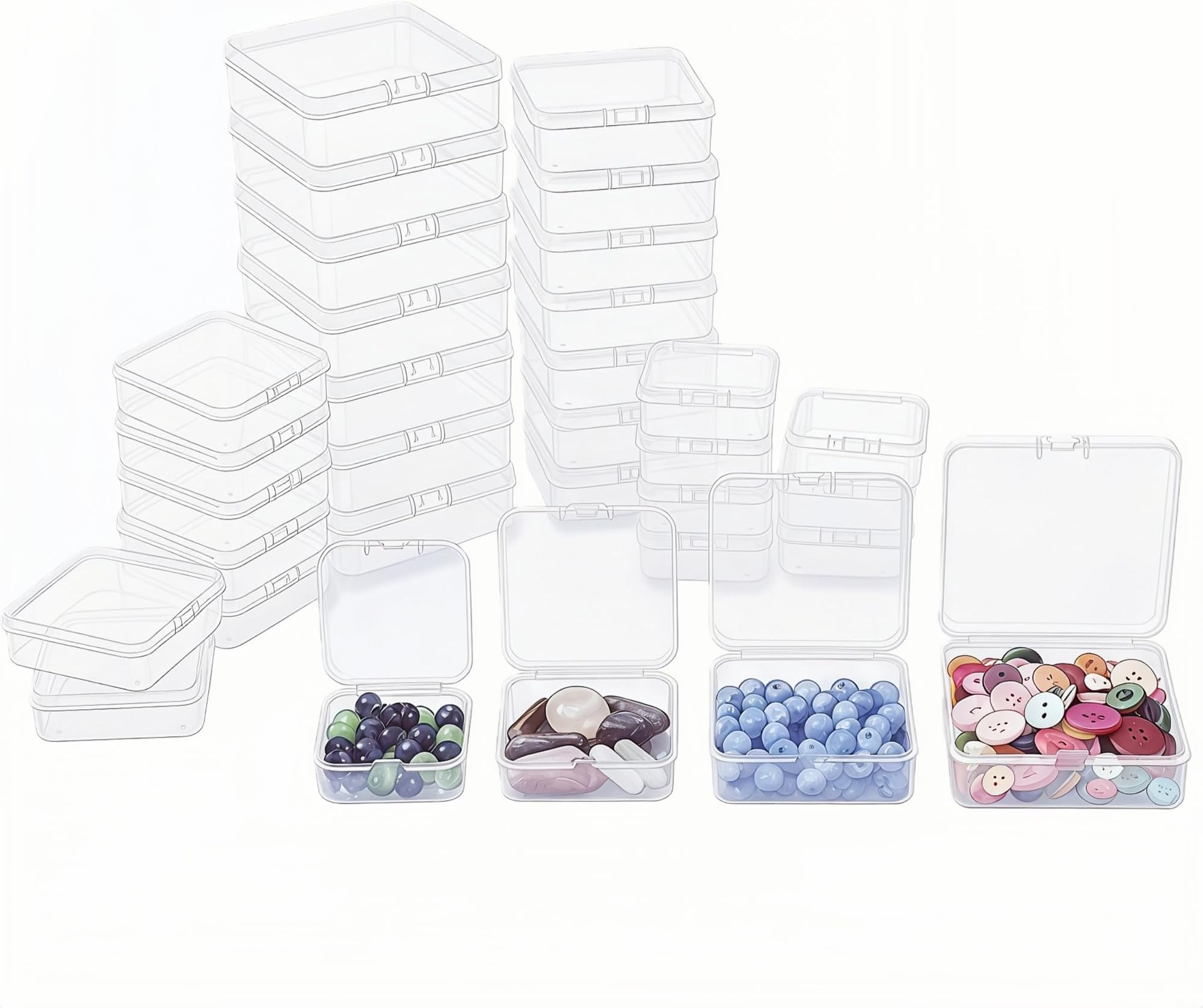 32 Pieces Mixed Sizes Square Empty Mini Clear Plastic Storage Containers Box Case with Lids for Small Items and Other Craft Projects